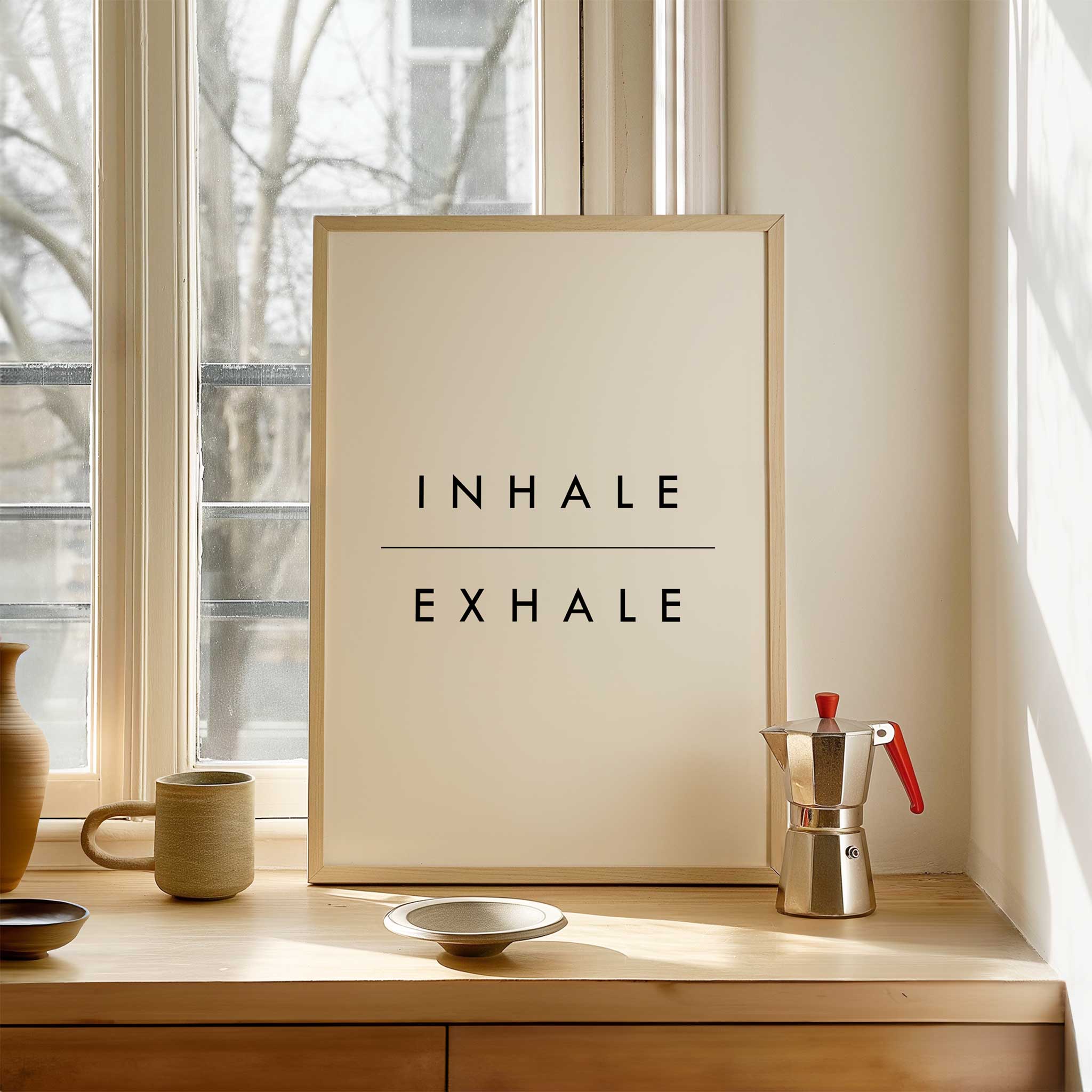 Inhale Exhale Poster' calming typography, wall art for living room balance aesthetic, titled 'Inhale Exhale Poster'