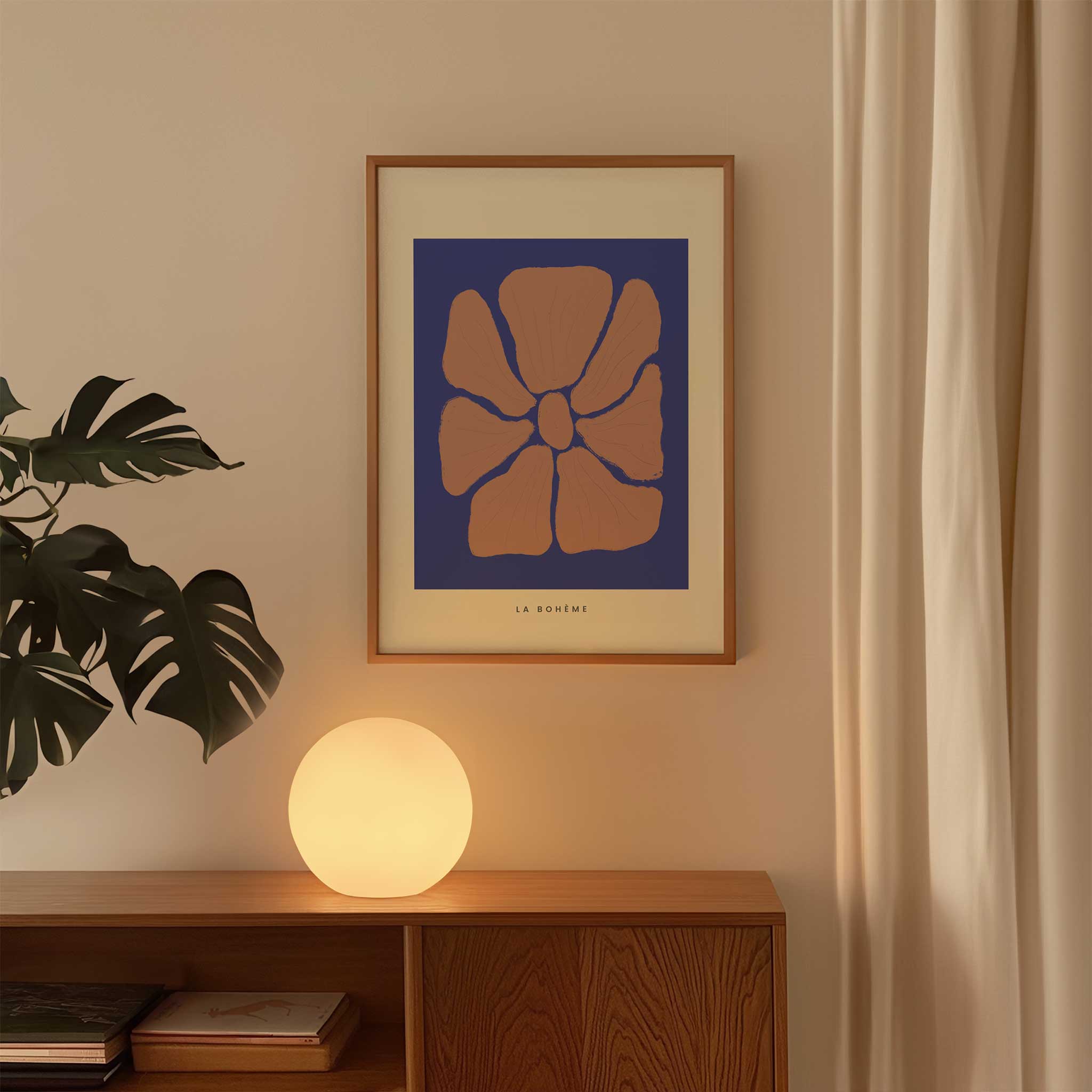 Terracotta and blue abstract 'Les Formes Petal', elegant modern wall decor with a minimalist aesthetic, titled 'Les Formes Petal'