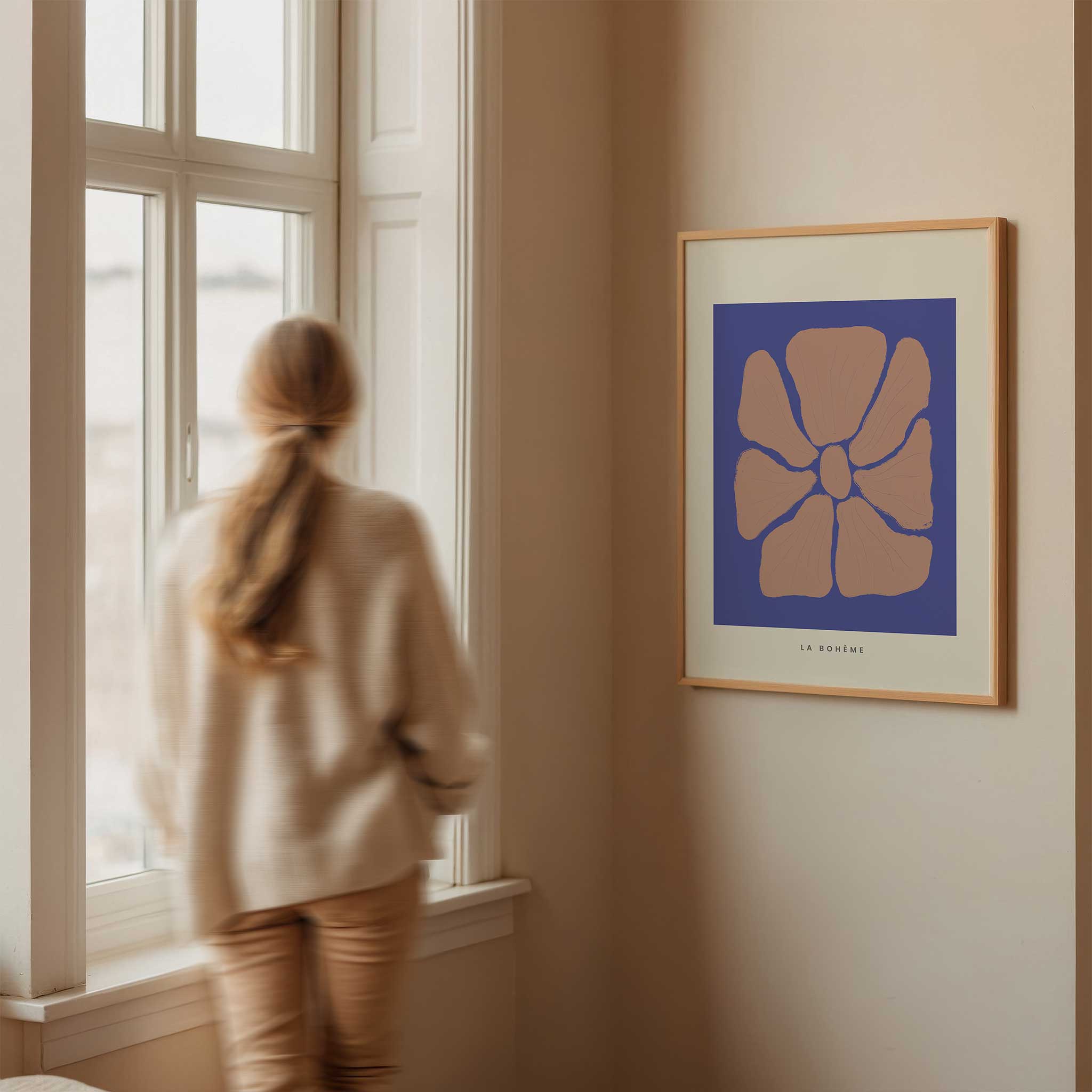 Terracotta and blue abstract 'Les Formes Petal', elegant modern wall decor with a minimalist aesthetic, titled 'Les Formes Petal'