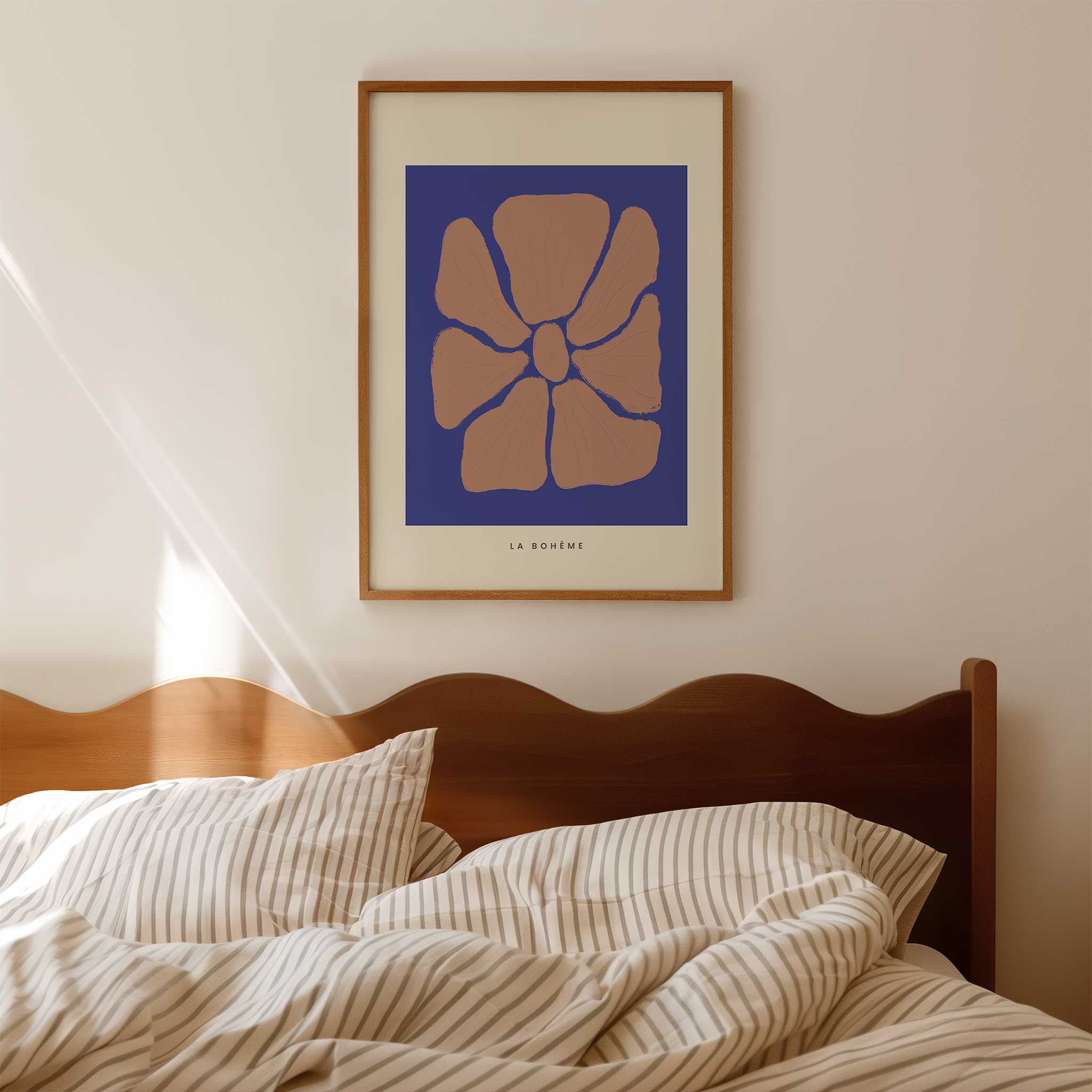 Terracotta and blue abstract 'Les Formes Petal', elegant modern wall decor with a minimalist aesthetic, titled 'Les Formes Petal'