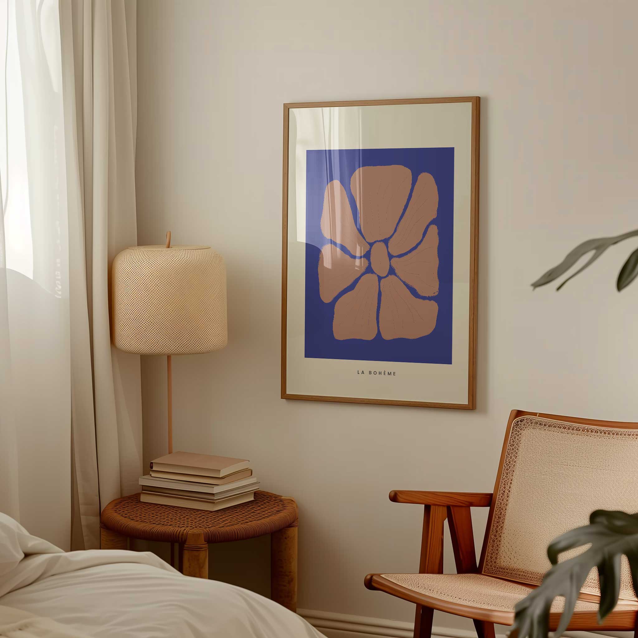 Terracotta and blue abstract 'Les Formes Petal', elegant modern wall decor with a minimalist aesthetic, titled 'Les Formes Petal'