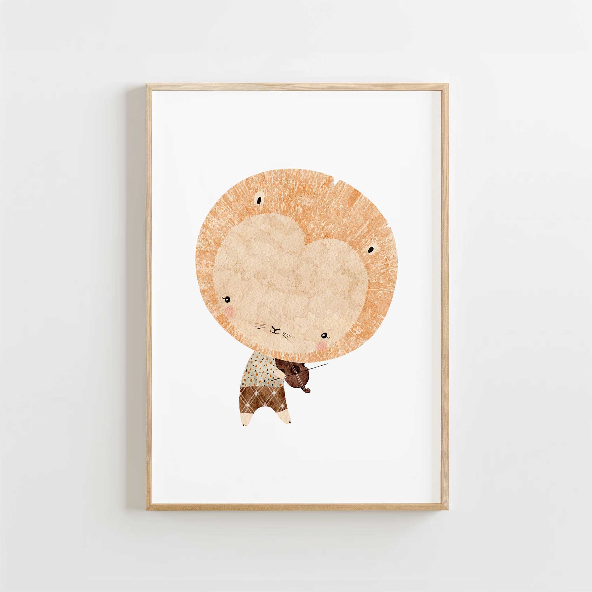 Delightful 'Little Lion Musician' with violin, charming framed wall art print for nursery and kids' room decor, titled 'Little Lion Musician'