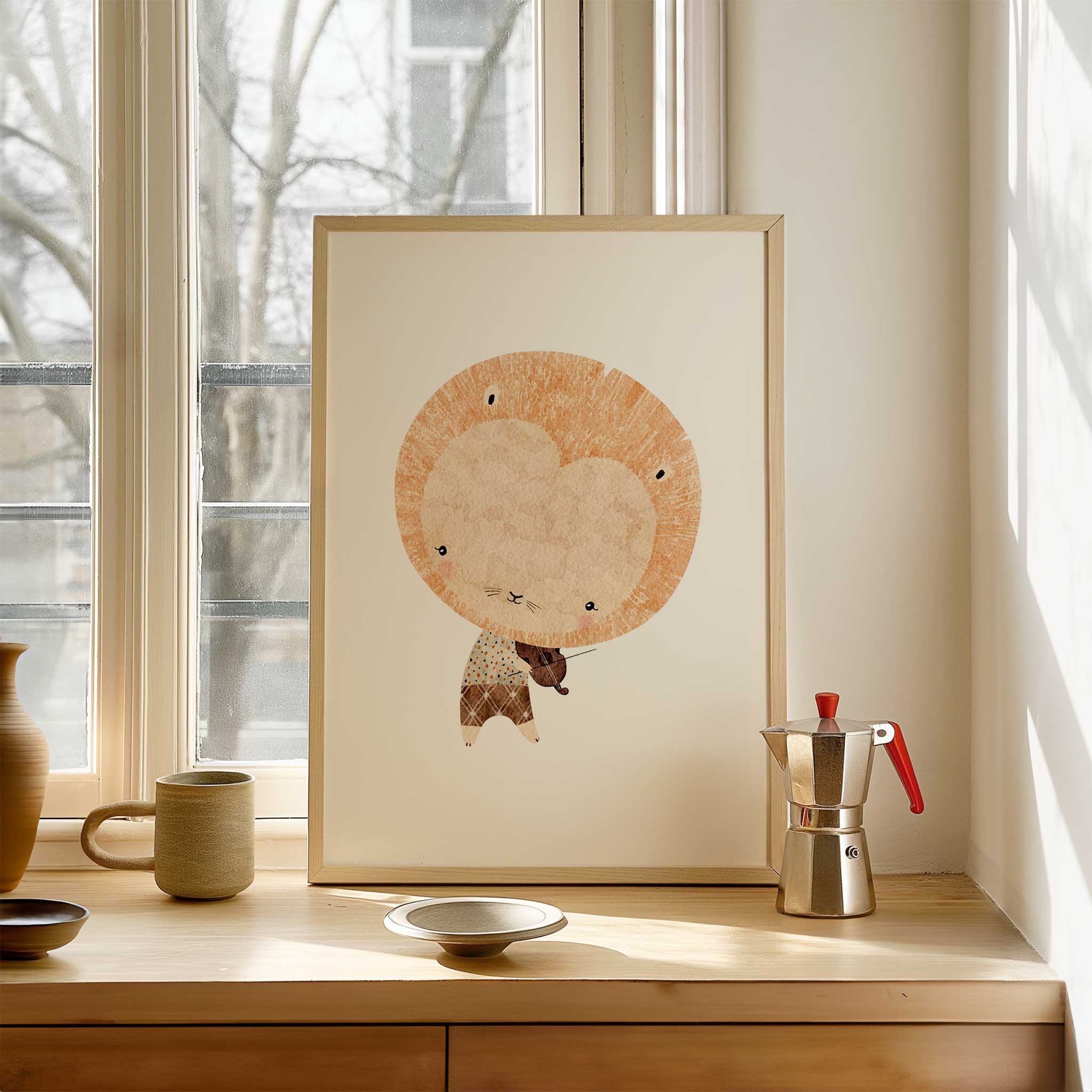 Delightful 'Little Lion Musician' with violin, charming framed wall art print for nursery and kids' room decor, titled 'Little Lion Musician'