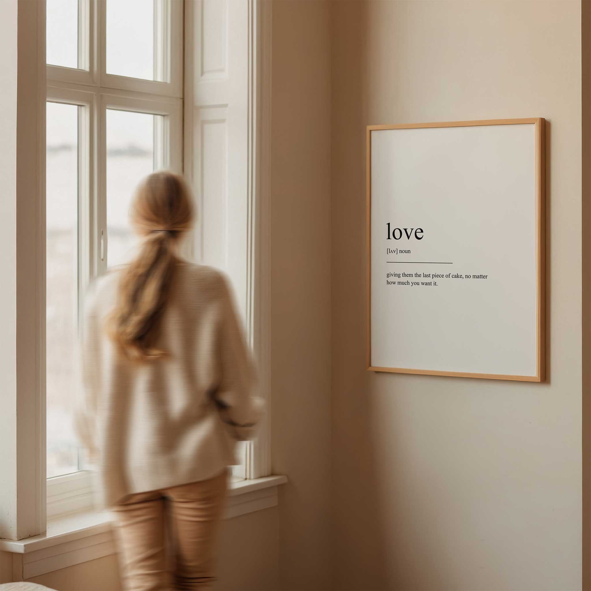 Love Definition' (cake) typography, minimalist print for couples' aesthetic decor, titled 'Love Definition'