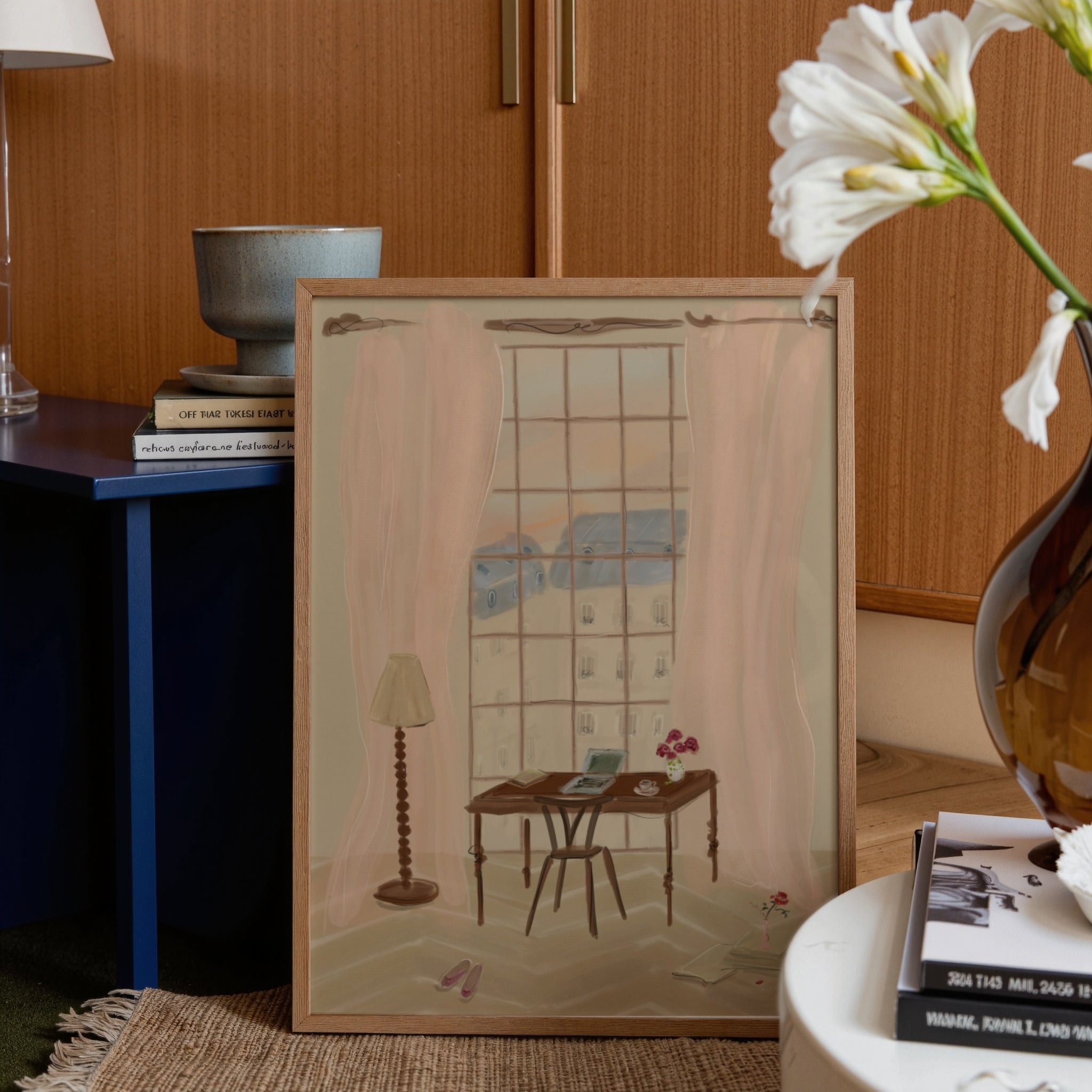 Paris Window View Illustration with Rustic Desk