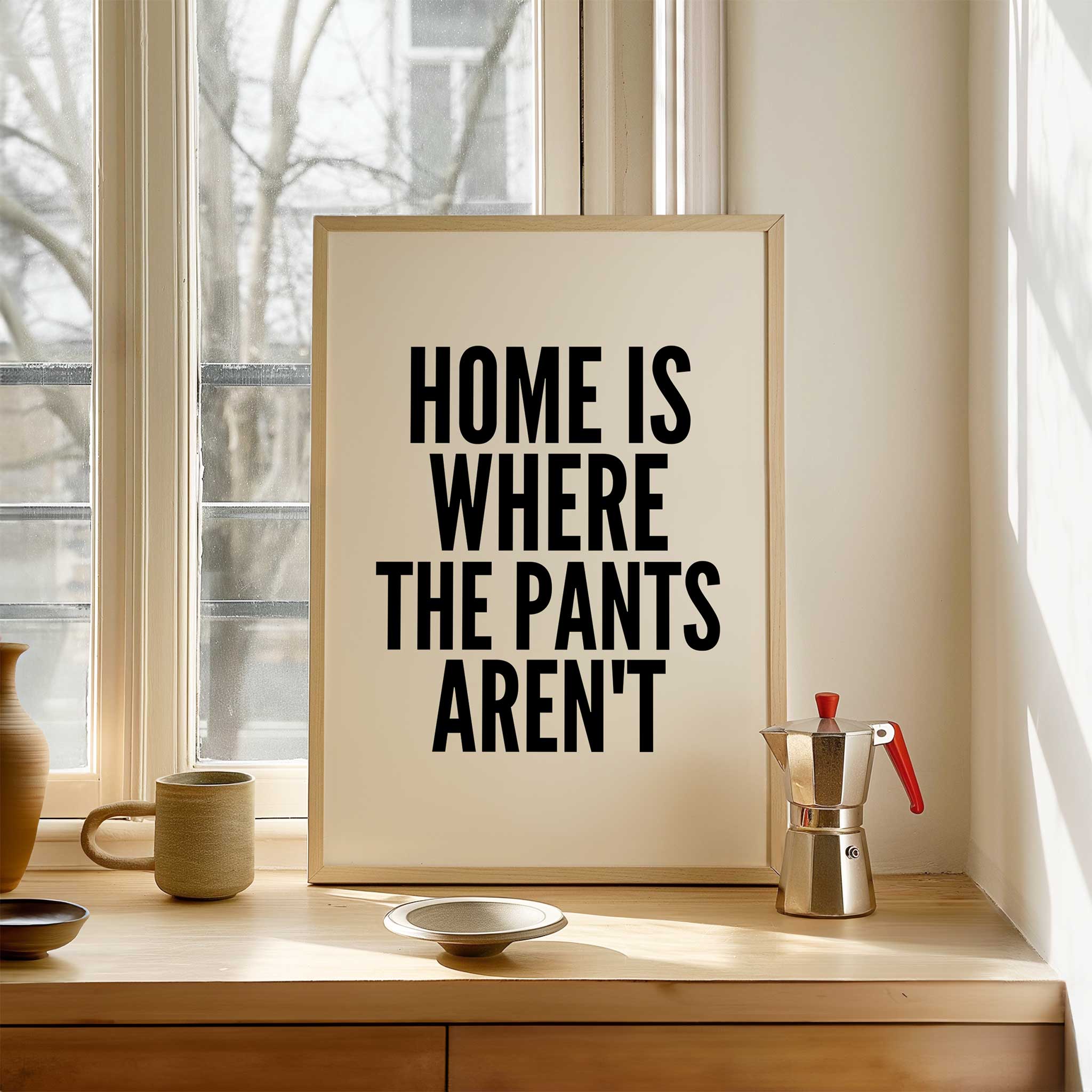 No Pants Allowed Wall Art' funny typography, wall art for living room comfort aesthetic, titled 'No Pants Allowed Wall Art'
