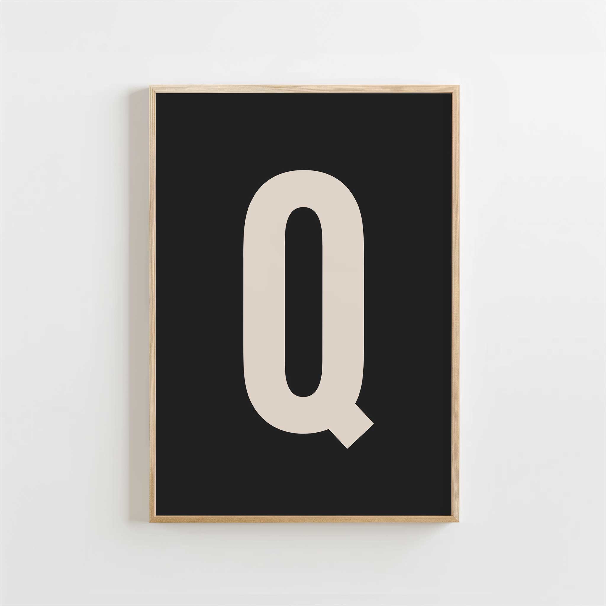 Chic black letter 'Q' monogram, minimalist print for a timeless aesthetic, titled 'Modern Monogram Art Print - Q Black'
