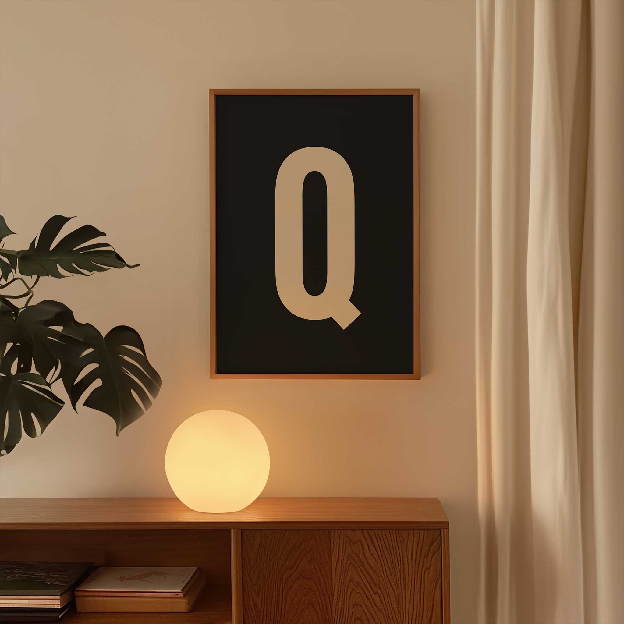 Chic black letter 'Q' monogram, minimalist print for a timeless aesthetic, titled 'Modern Monogram Art Print - Q Black'