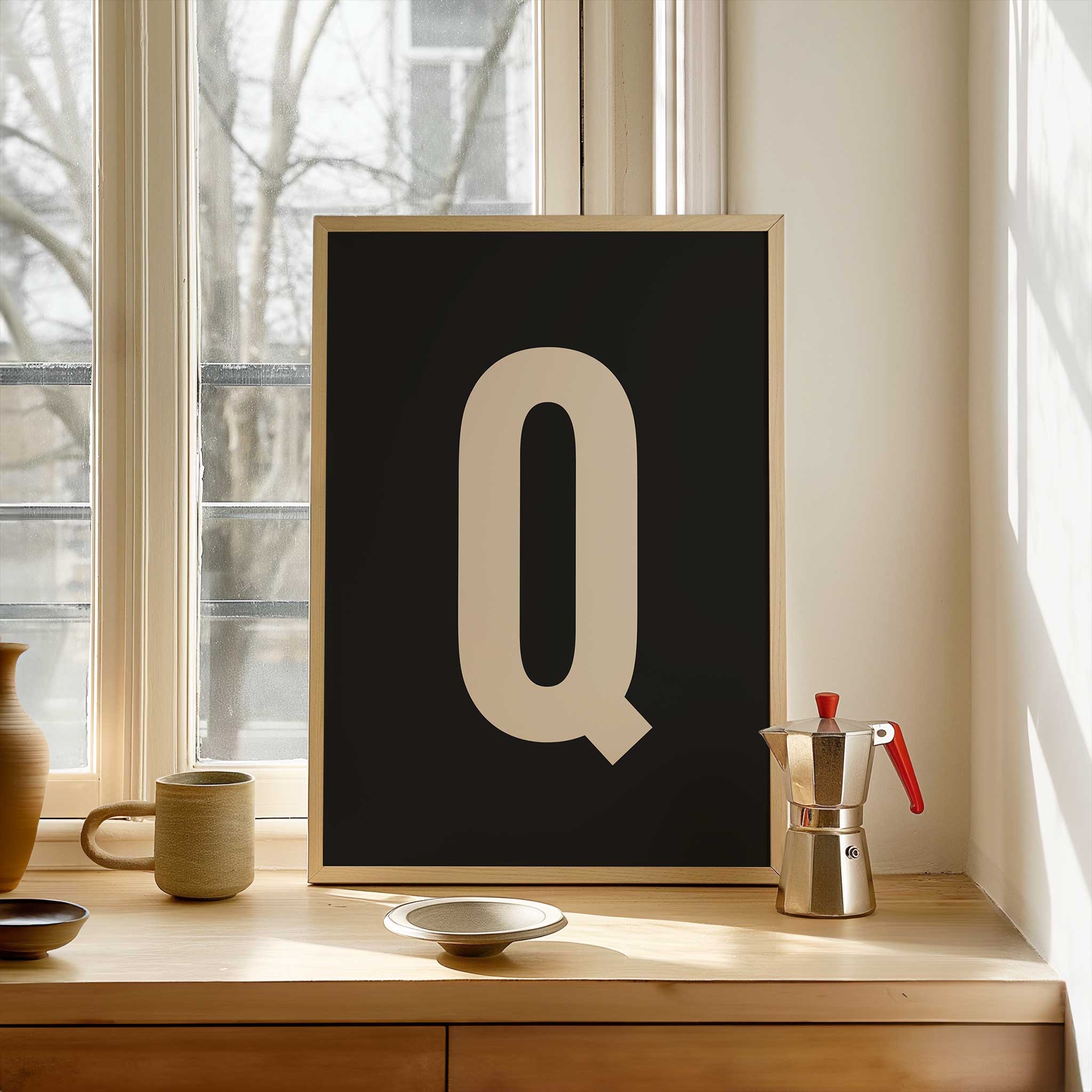 Chic black letter 'Q' monogram, minimalist print for a timeless aesthetic, titled 'Modern Monogram Art Print - Q Black'