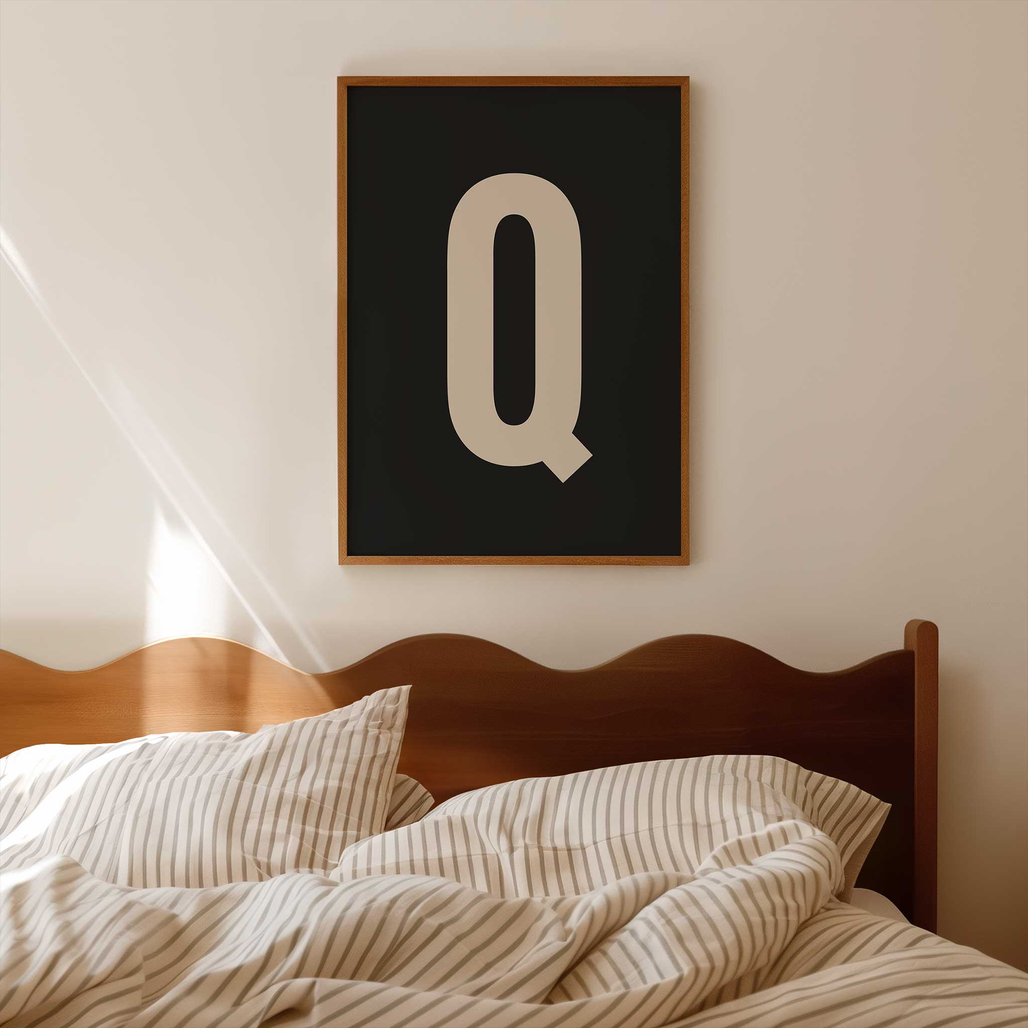Chic black letter 'Q' monogram, minimalist print for a timeless aesthetic, titled 'Modern Monogram Art Print - Q Black'