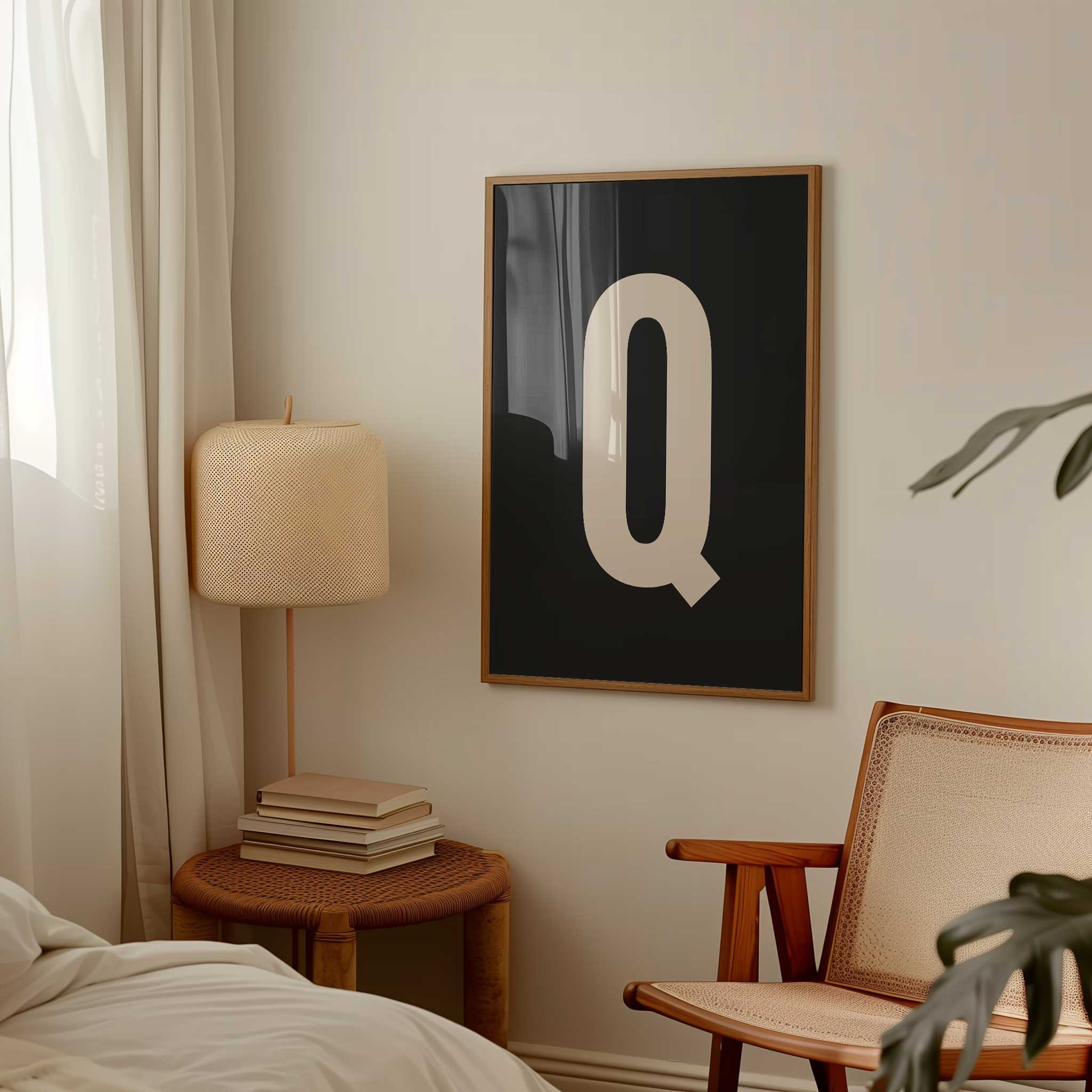 Chic black letter 'Q' monogram, minimalist print for a timeless aesthetic, titled 'Modern Monogram Art Print - Q Black'