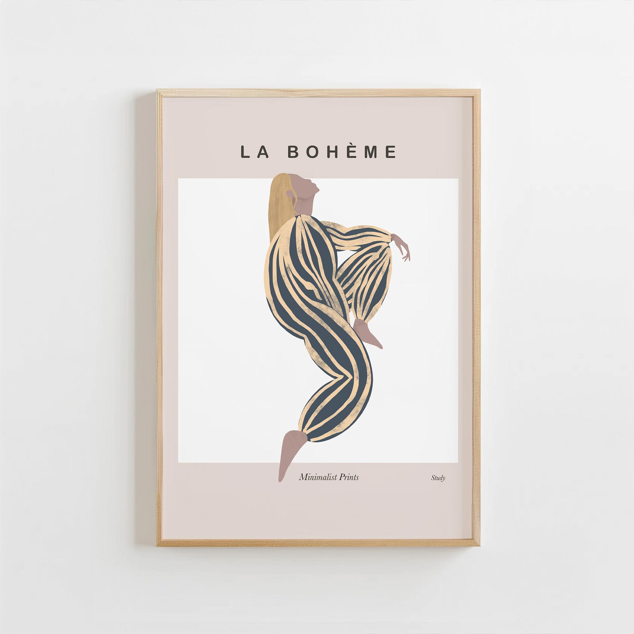 Framed artwork with a stylized dancer illustration and 'La Bohème' text on a light background