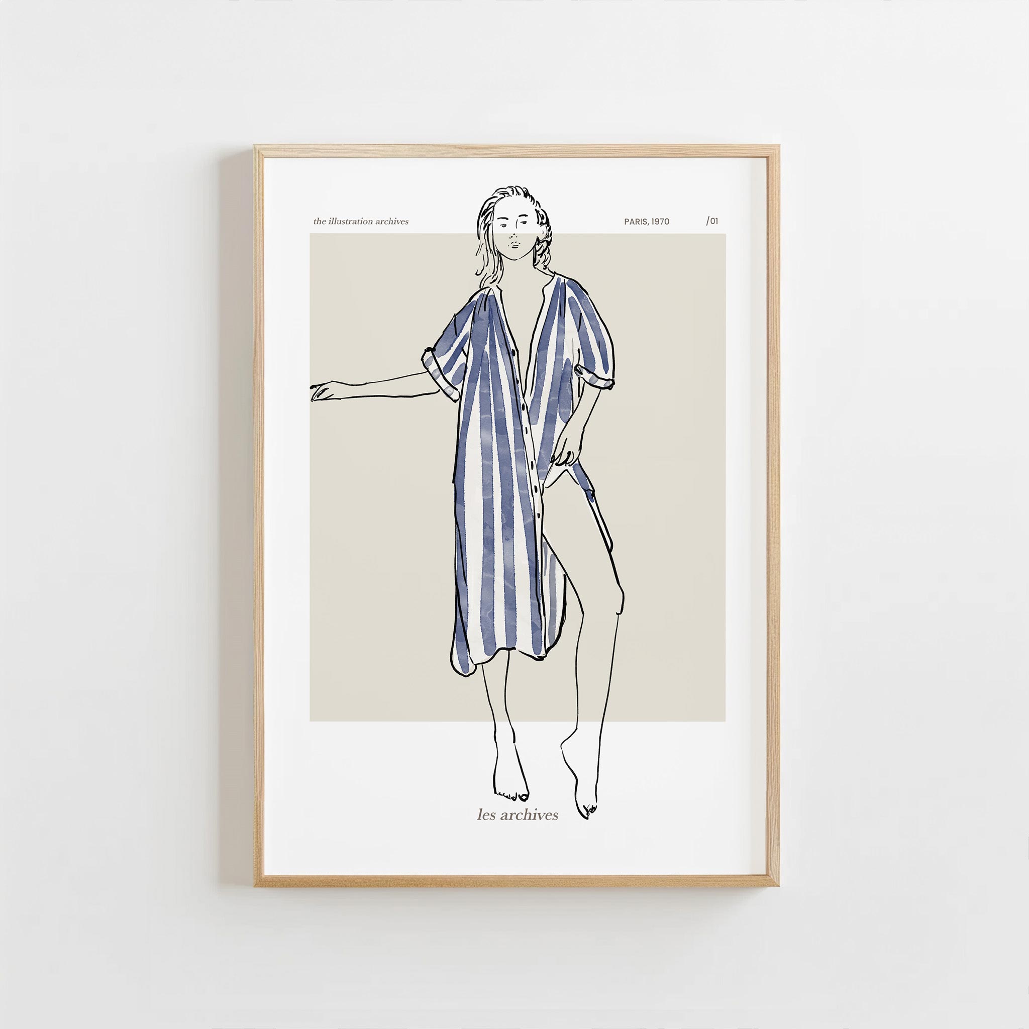 Framed artwork of a woman wearing a blue and white striped dress on a beige background.