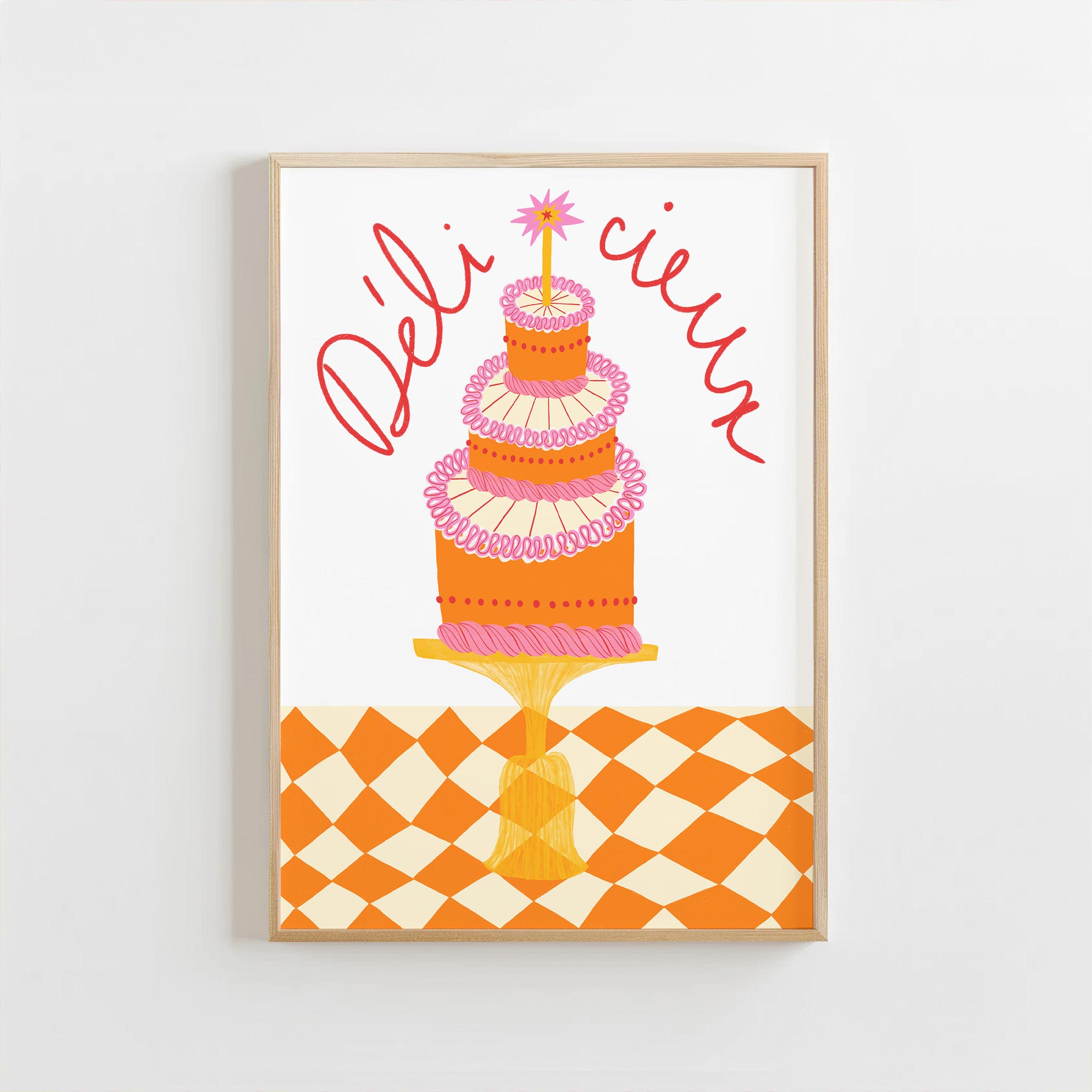 Framed artwork of a colorful cake with 'Delice' text on a checkered floor.
