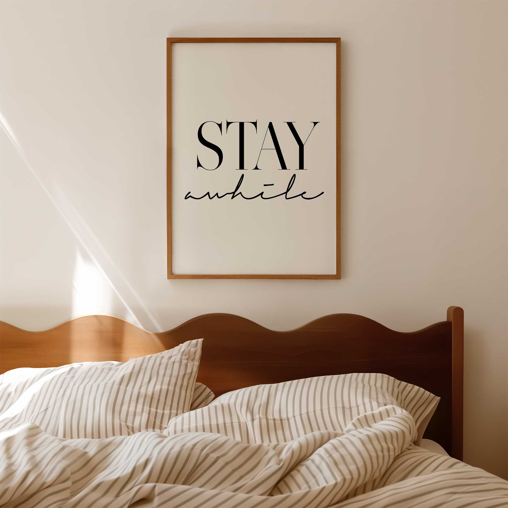 Stay Awhile' welcoming typography, framed wall art print for an elegant aesthetic, titled 'Stay Awhile'