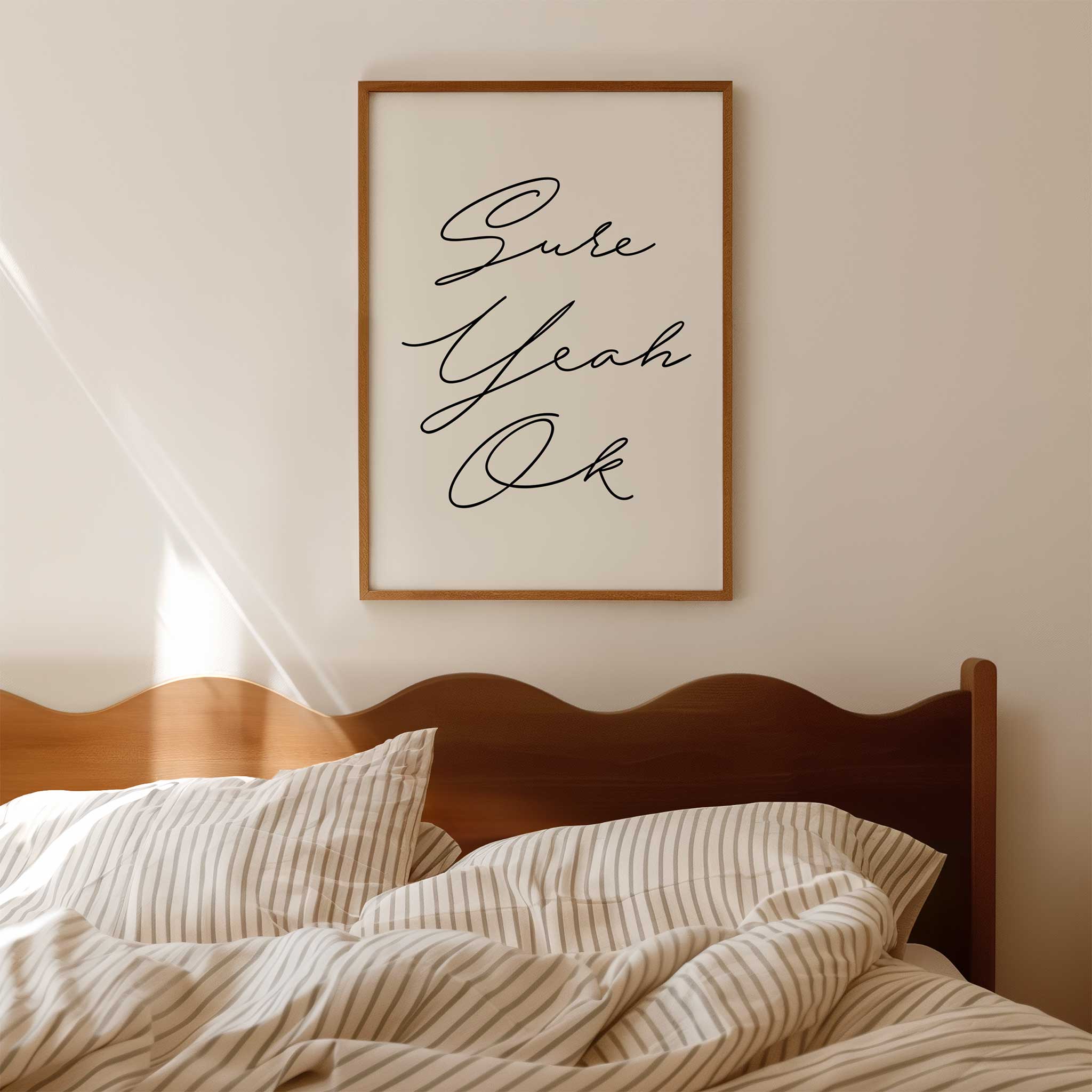 Sure Yeah Ok' sarcastic typography, wall art for living room with a laid-back aesthetic, titled 'Sure Yeah Ok'