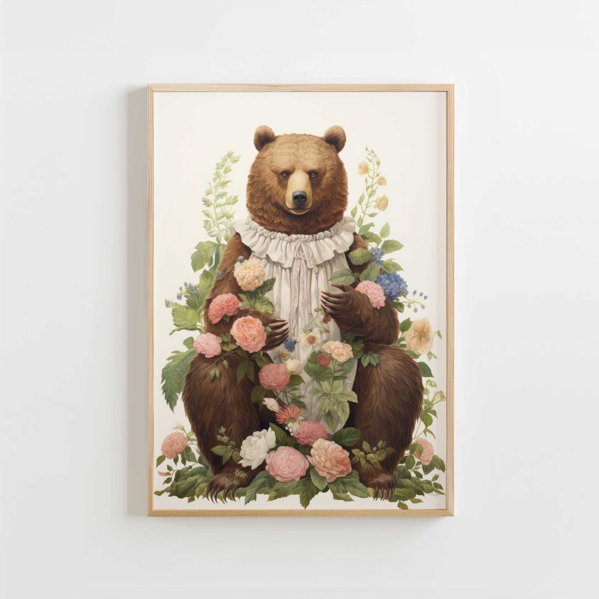 Regal bear surrounded by flowers, elegant modern wall decor with nature print aesthetic, titled 'Bear and Flowers'