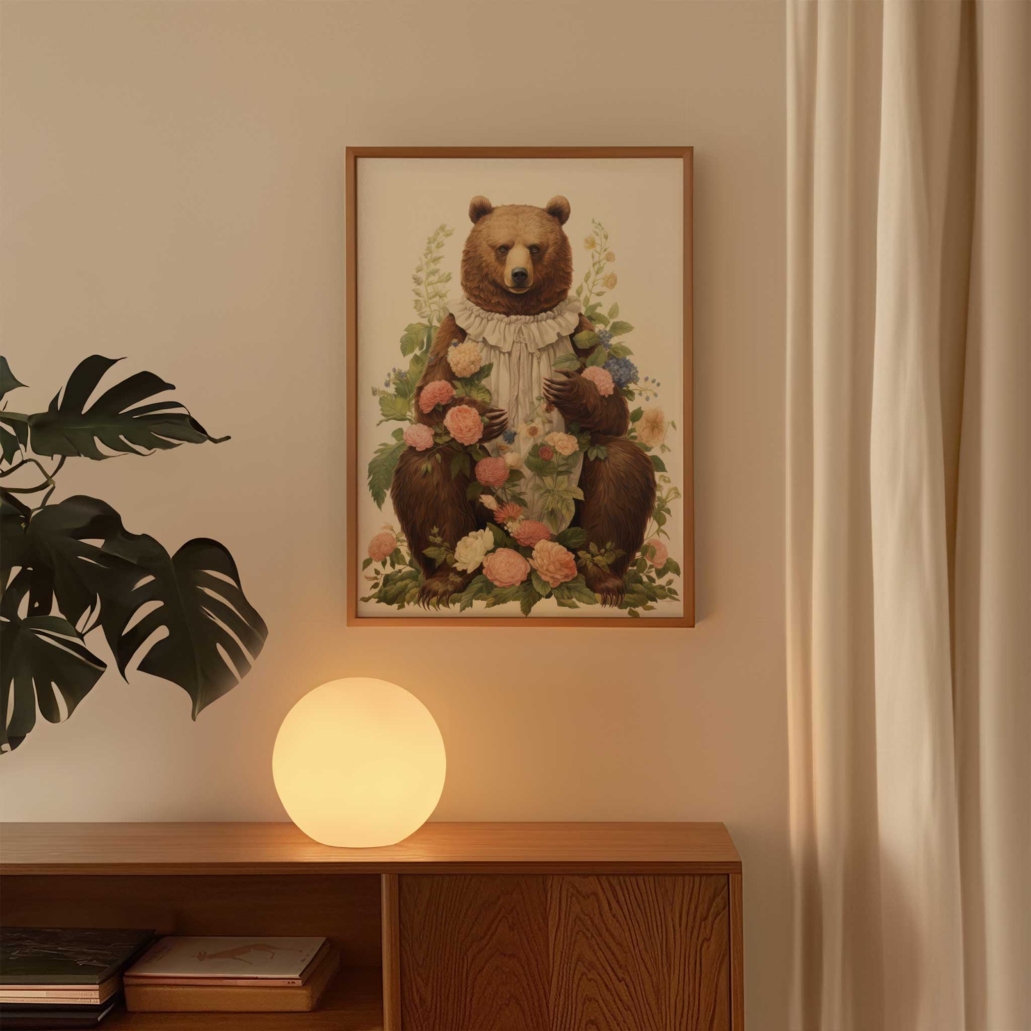 Regal bear surrounded by flowers, elegant modern wall decor with nature print aesthetic, titled 'Bear and Flowers'