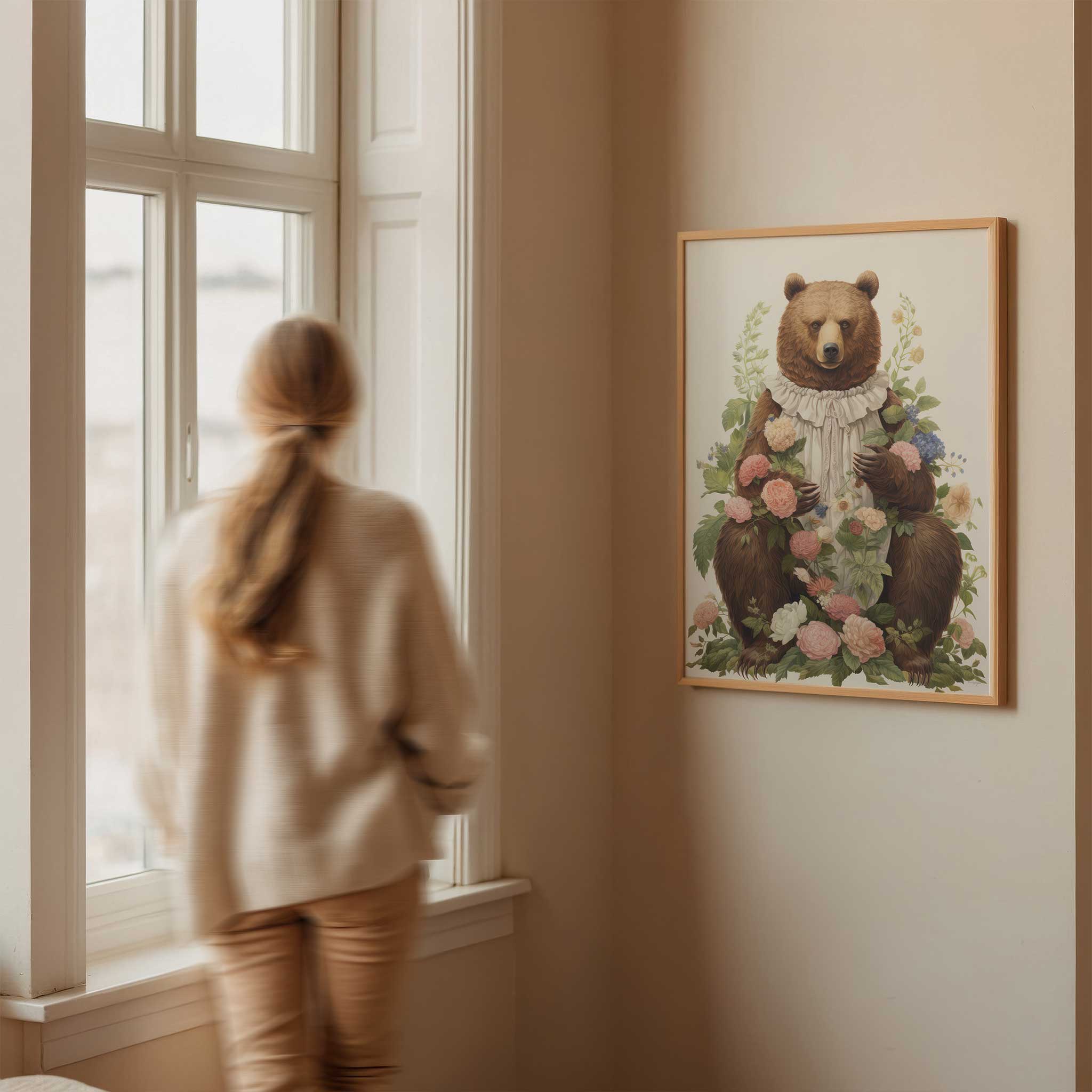 Regal bear surrounded by flowers, elegant modern wall decor with nature print aesthetic, titled 'Bear and Flowers'