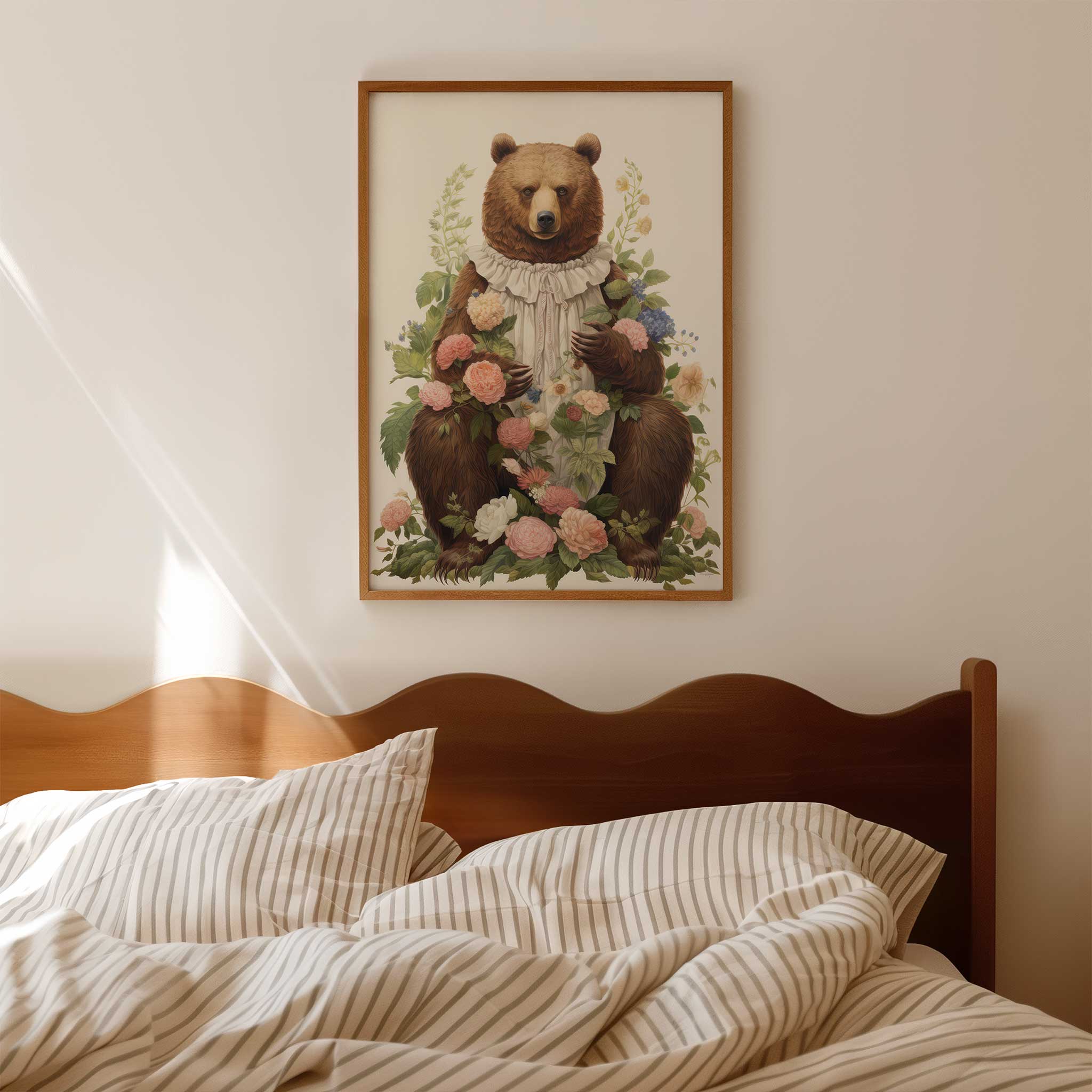 Regal bear surrounded by flowers, elegant modern wall decor with nature print aesthetic, titled 'Bear and Flowers'