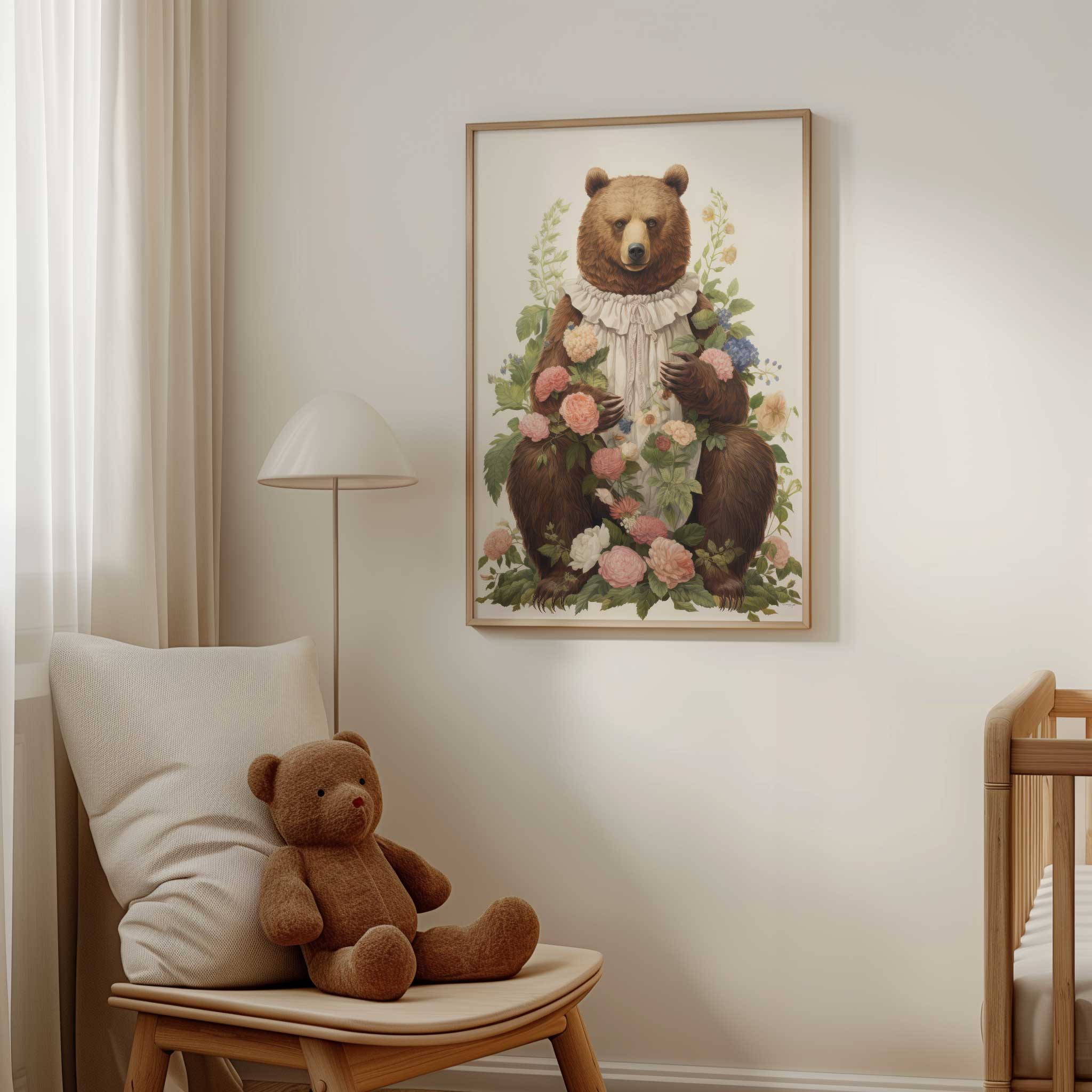 Regal bear surrounded by flowers, elegant modern wall decor with nature print aesthetic, titled 'Bear and Flowers'