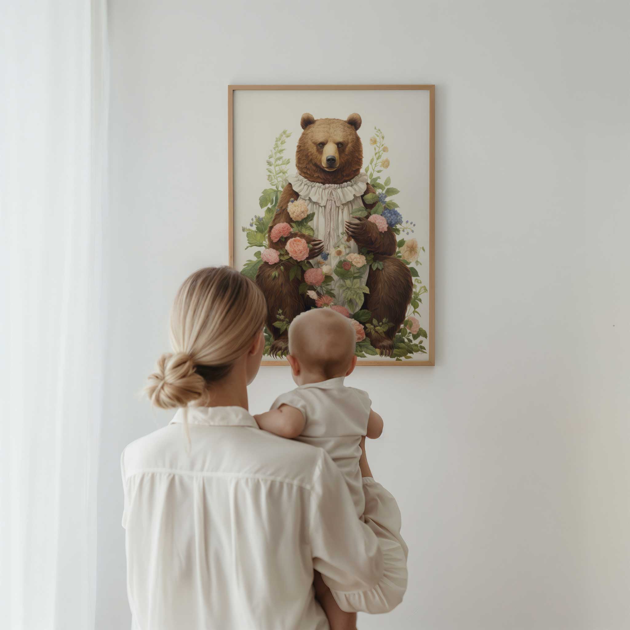 Regal bear surrounded by flowers, elegant modern wall decor with nature print aesthetic, titled 'Bear and Flowers'
