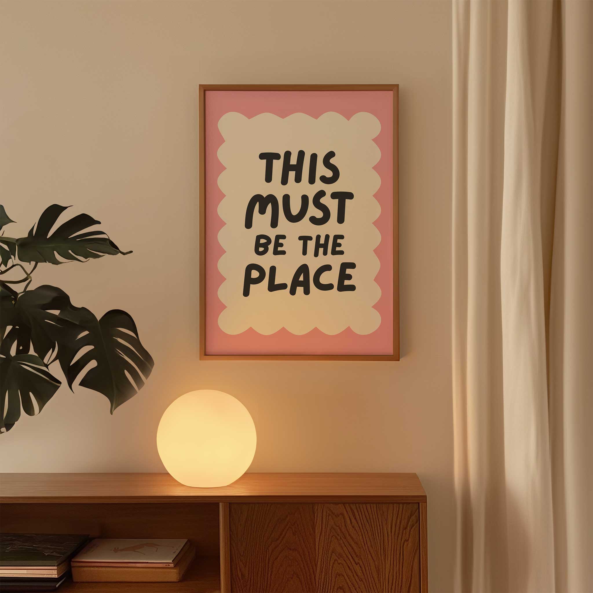 This Must Be the Place - Whimsical Pink' cheerful typography, modern wall decor for a cozy aesthetic, titled 'This Must Be the Place - Whimsical Pink'