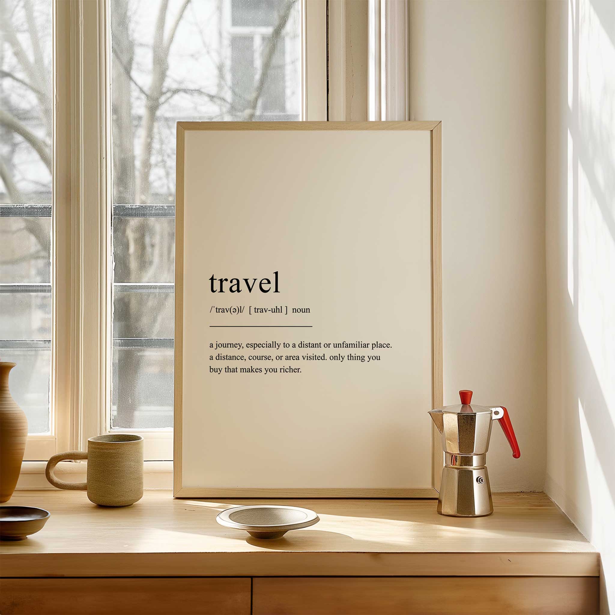 Travel Definition' typography, adventure-inspired canvas wall art aesthetic for travelers, titled 'Travel Definition'