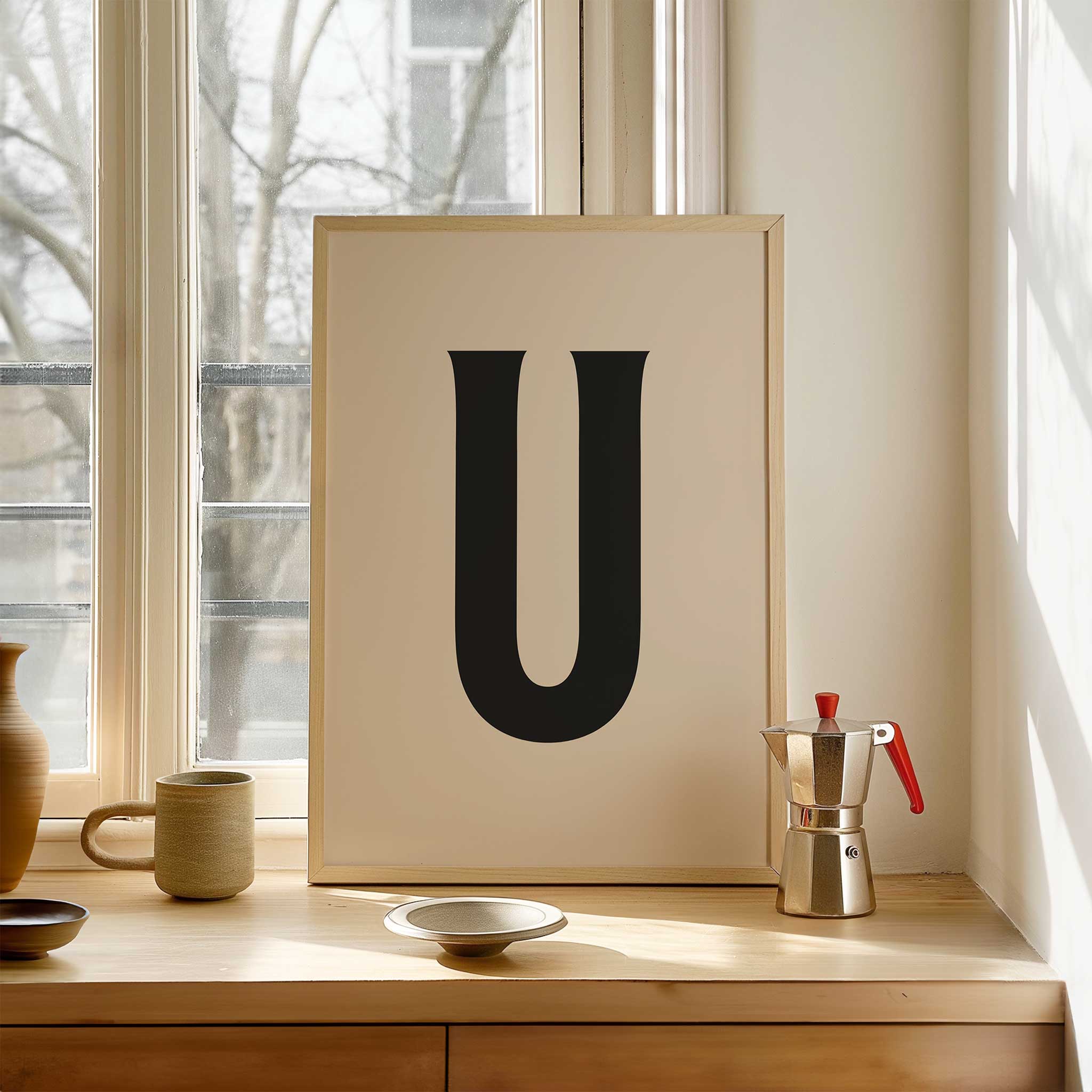 Stylish letter 'U' monogram, minimalist print for a versatile aesthetic, titled 'Modern Monogram Art Print - U'