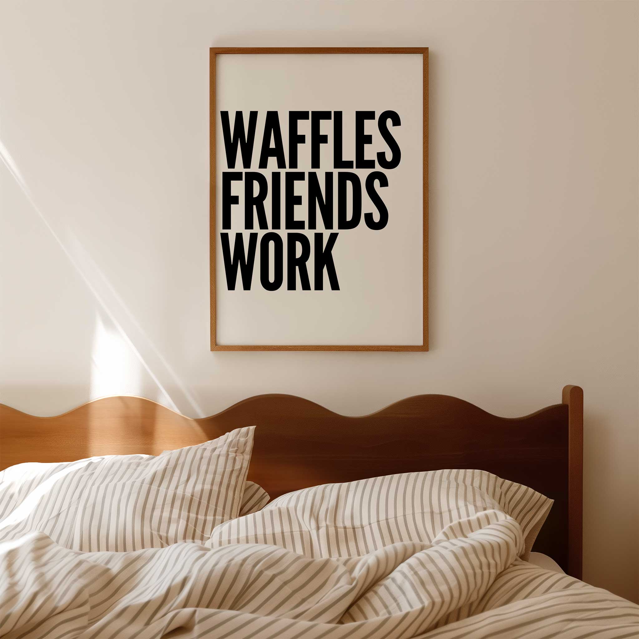 Waffles Friends Work' motivational typography, minimalist wall art for a hustle aesthetic, titled 'Waffles Friends Work'
