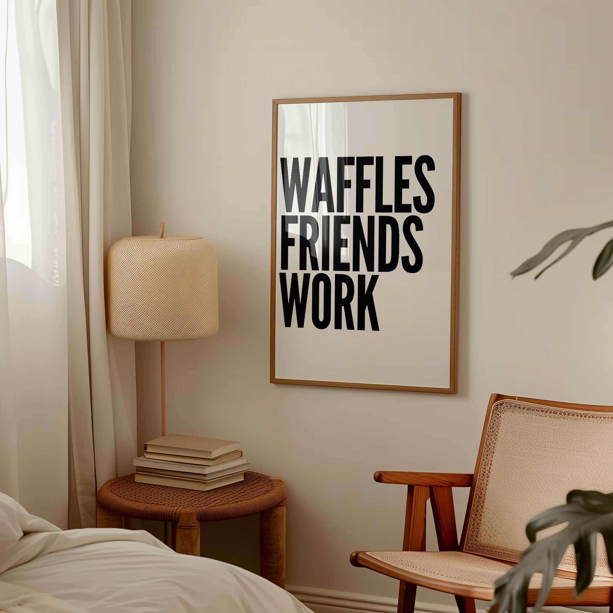 Waffles Friends Work' motivational typography, minimalist wall art for a hustle aesthetic, titled 'Waffles Friends Work'