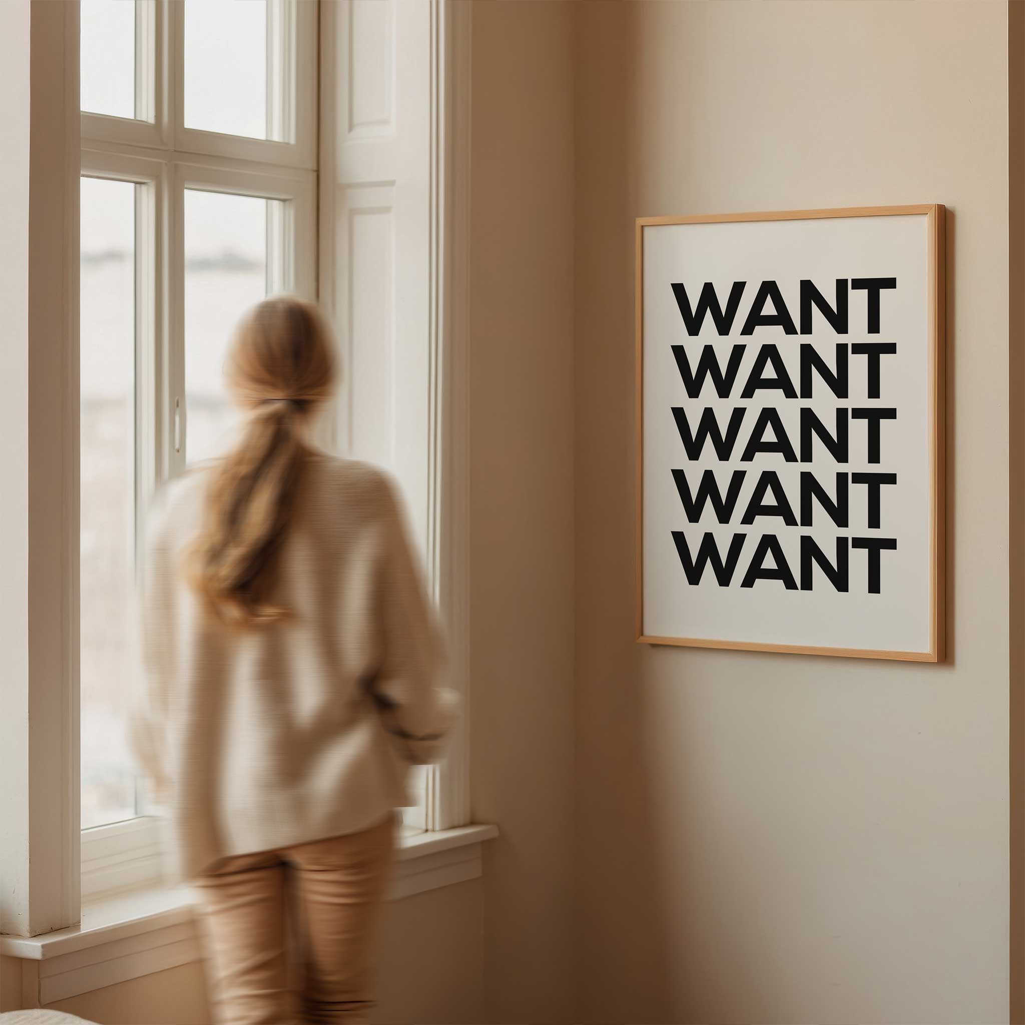 WANT WANT' bold typography, statement aesthetic canvas print style for a powerful touch, titled 'WANT WANT'