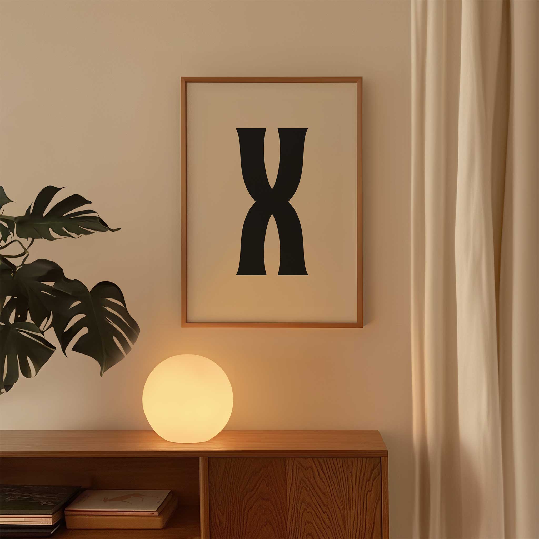 Elegant letter 'X' monogram, modern wall decor for a minimalist aesthetic, titled 'Modern Monogram Art Print - X'