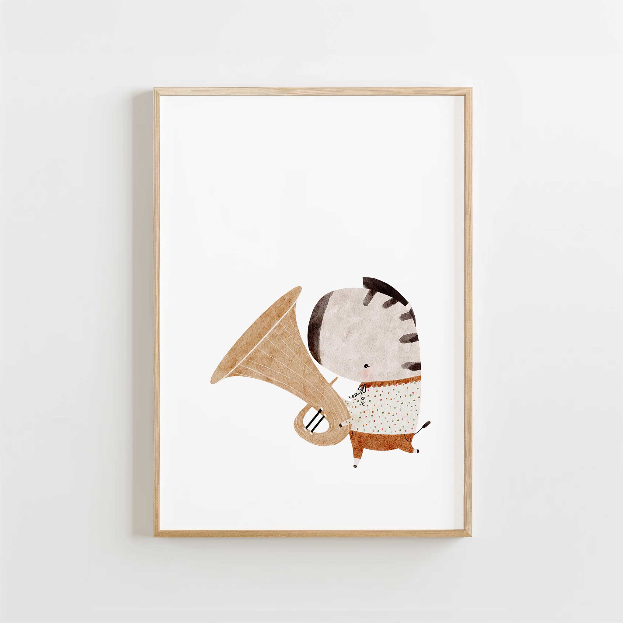 Adorable zebra musician with tuba, charming minimalist wall art for a creative nursery, titled 'Zebra Musician'