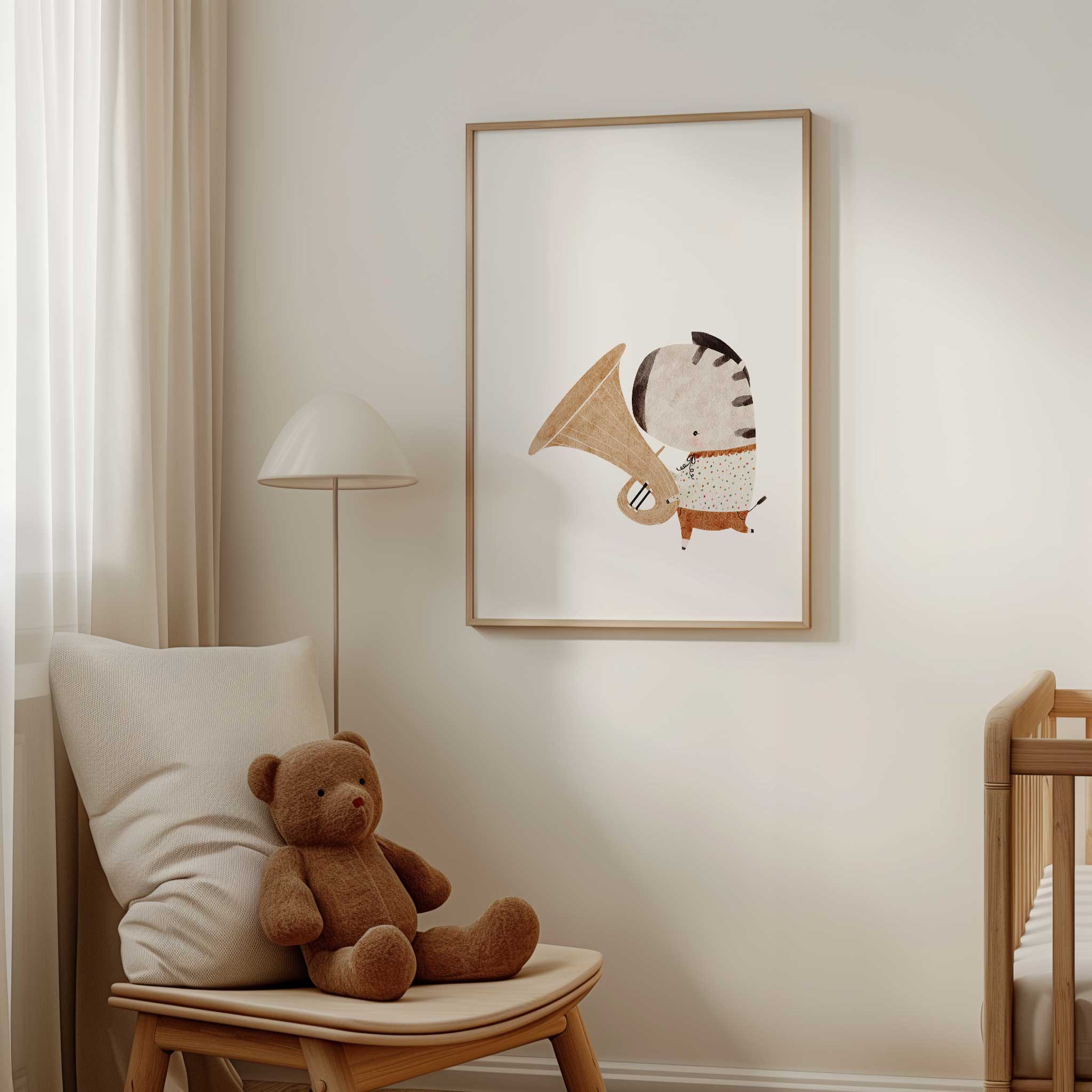 Adorable zebra musician with tuba, charming minimalist wall art for a creative nursery, titled 'Zebra Musician'