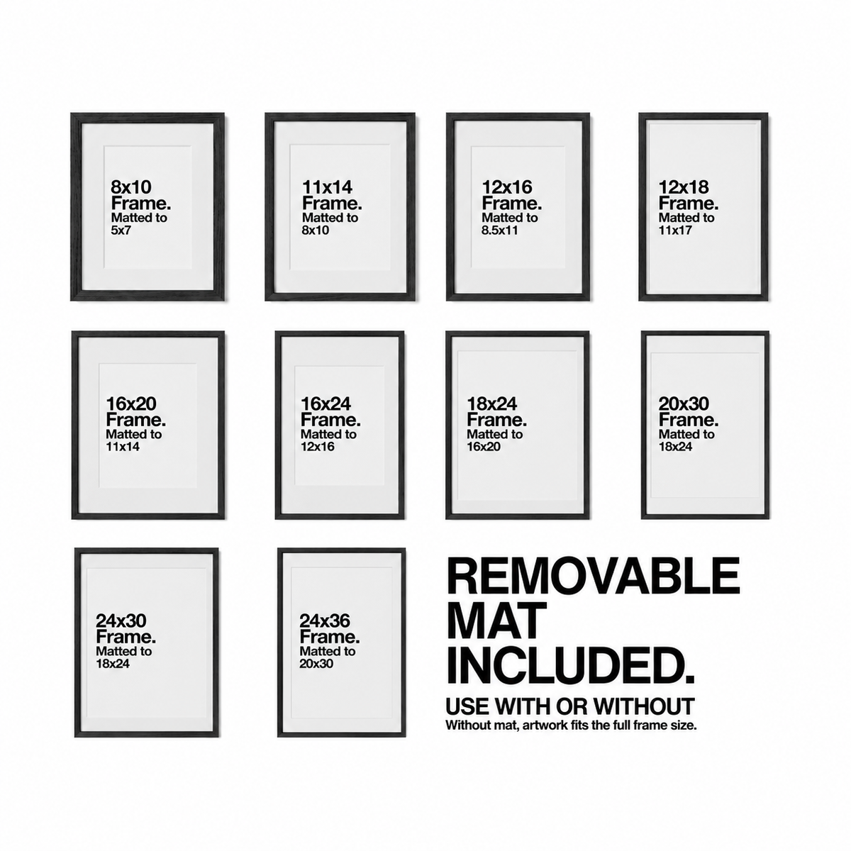 a collection of framed pictures, each with a different frame size ranging from 5x7 to 8x10. The text indicates that the mat is included in the frame sizes, and it is recommended to use it with or without artwork to fit the full frame size.