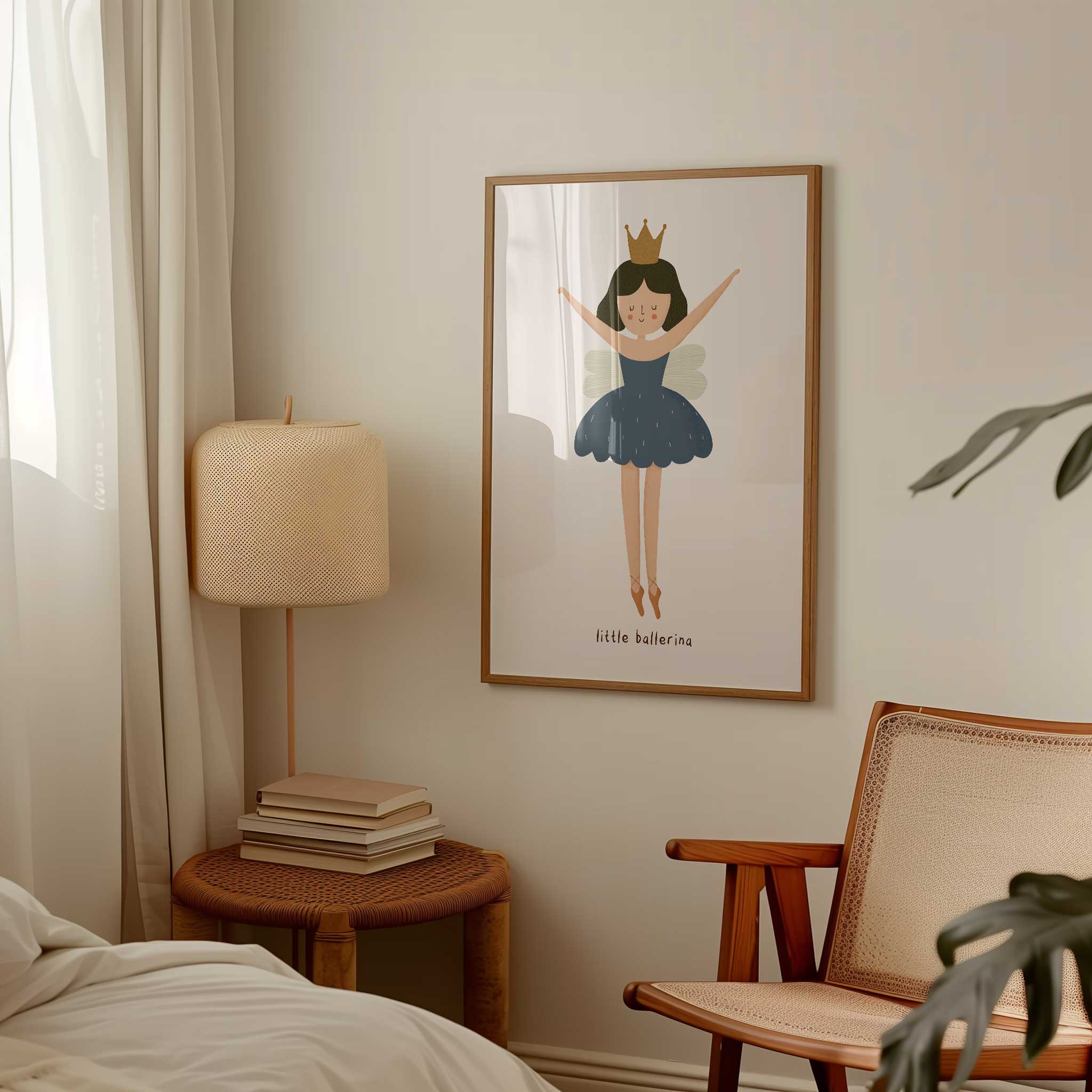 Delicate Little Ballerina with crown and wings, charming minimalist print for graceful kids room