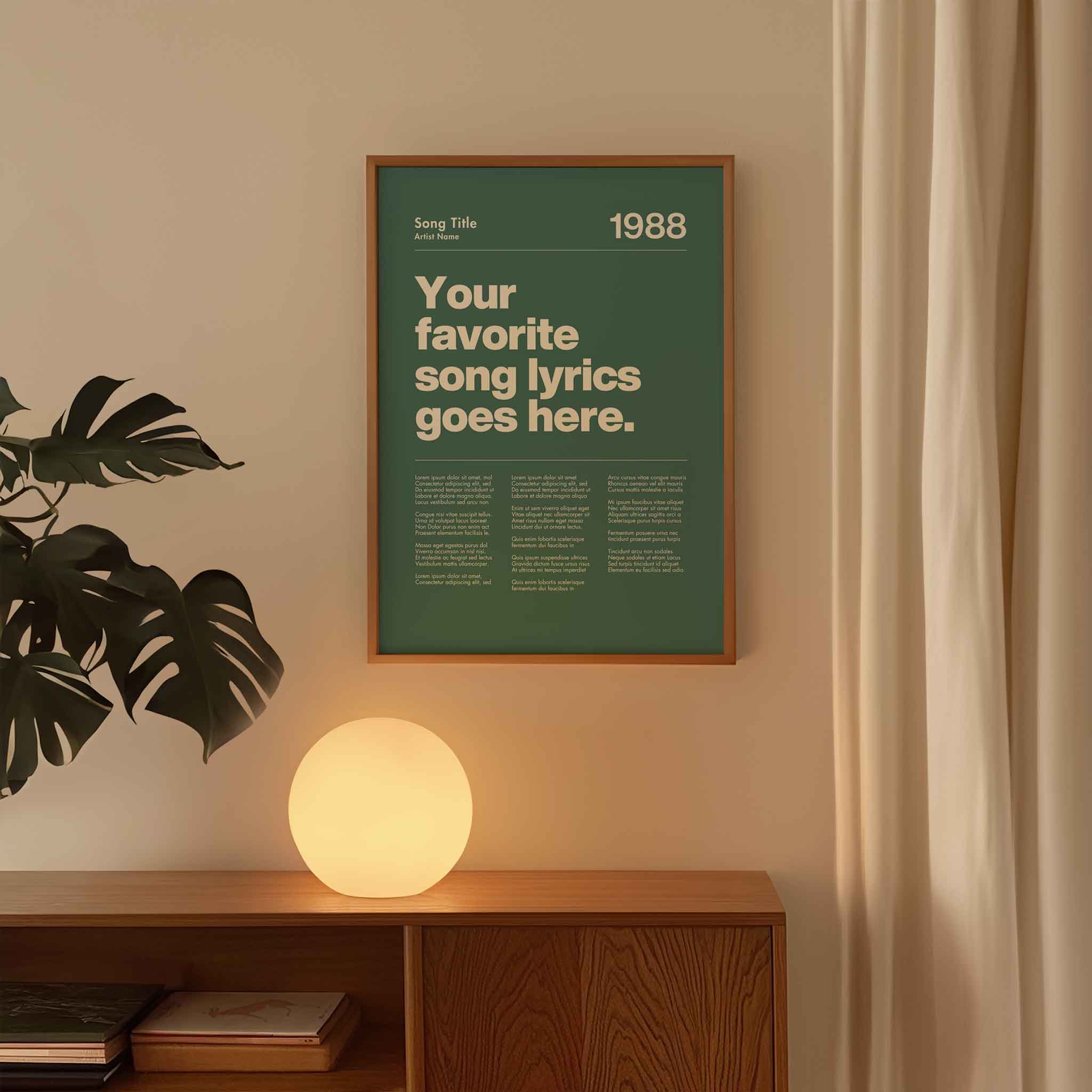 a poster hanging on a wall next to a plant