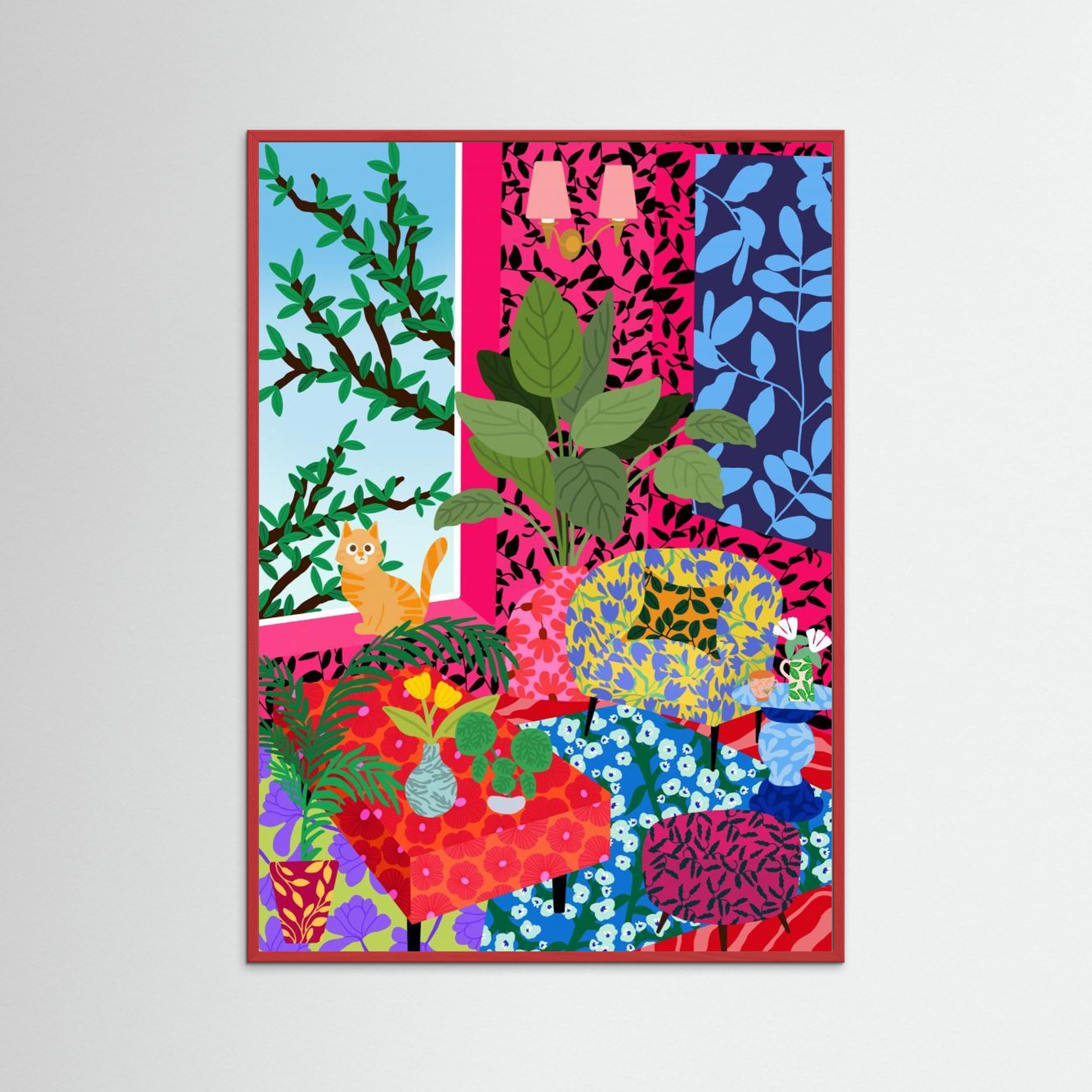 Cat in Flower Power Livingroom by Rafaela Mascaro