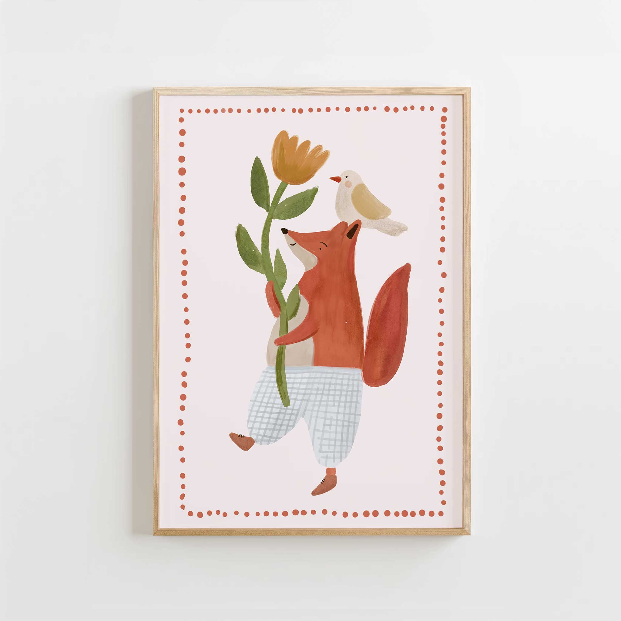Heartwarming Fox with Flower and bird art print, whimsical minimalist print for warm playroom