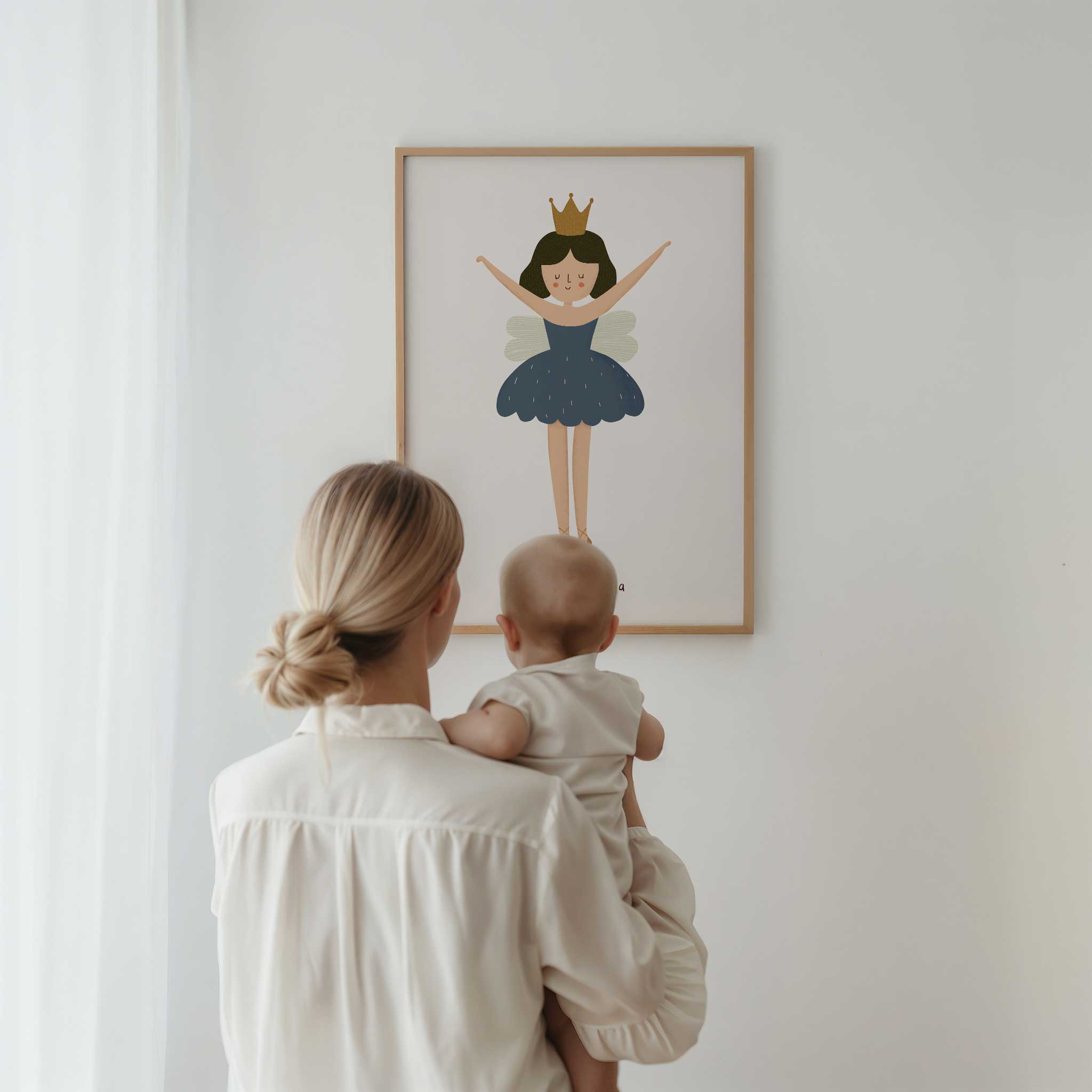 Delicate Little Ballerina with crown and wings, charming minimalist print for graceful kids room