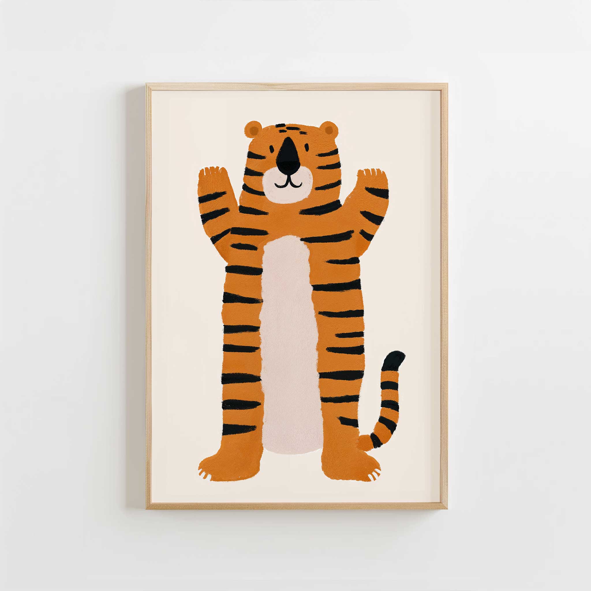 Playful Friendly Tiger kids illustration, bold modern wall art for adventurous character room