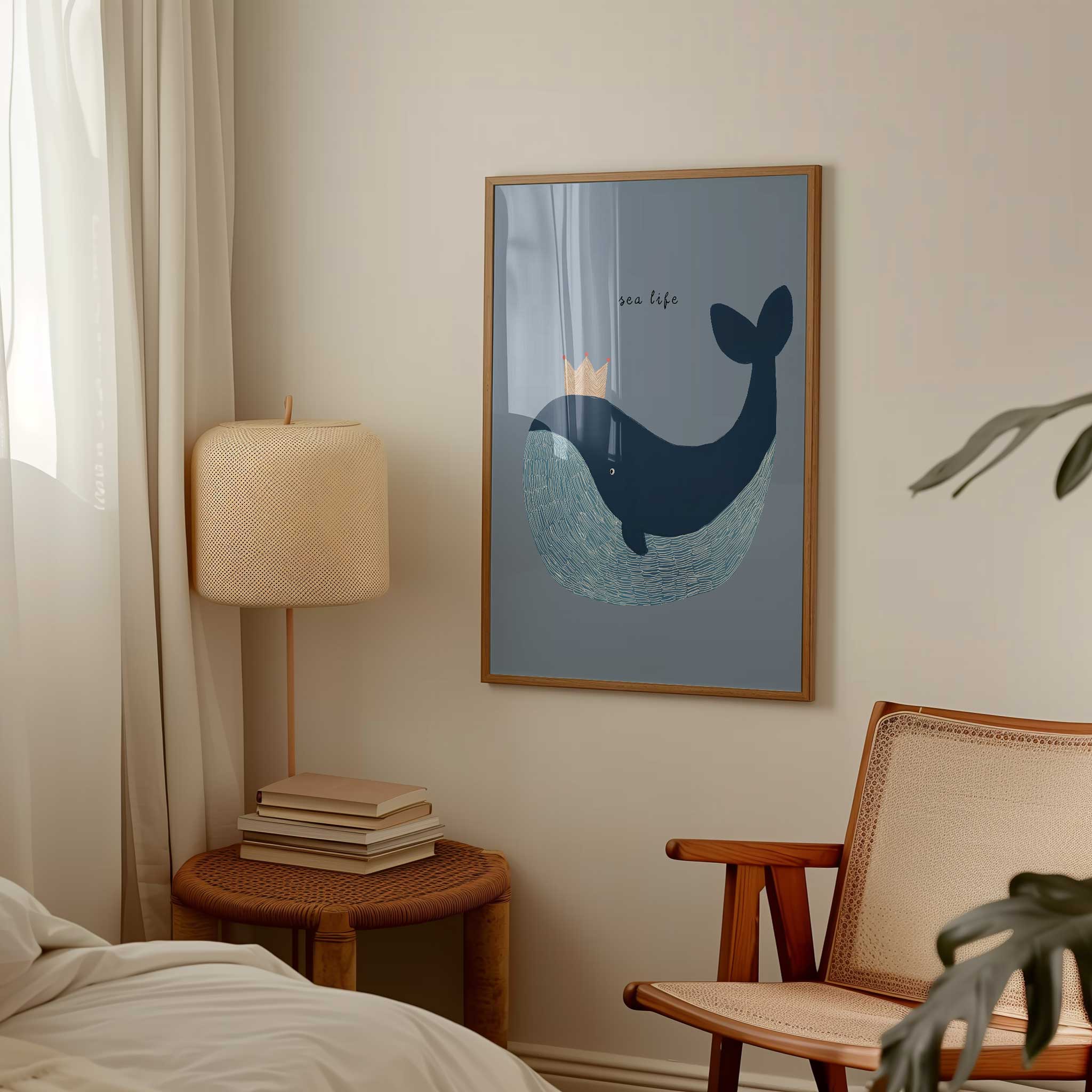Playful Crowned Blue Whale illustration, royal minimalist print for ocean-themed kids room