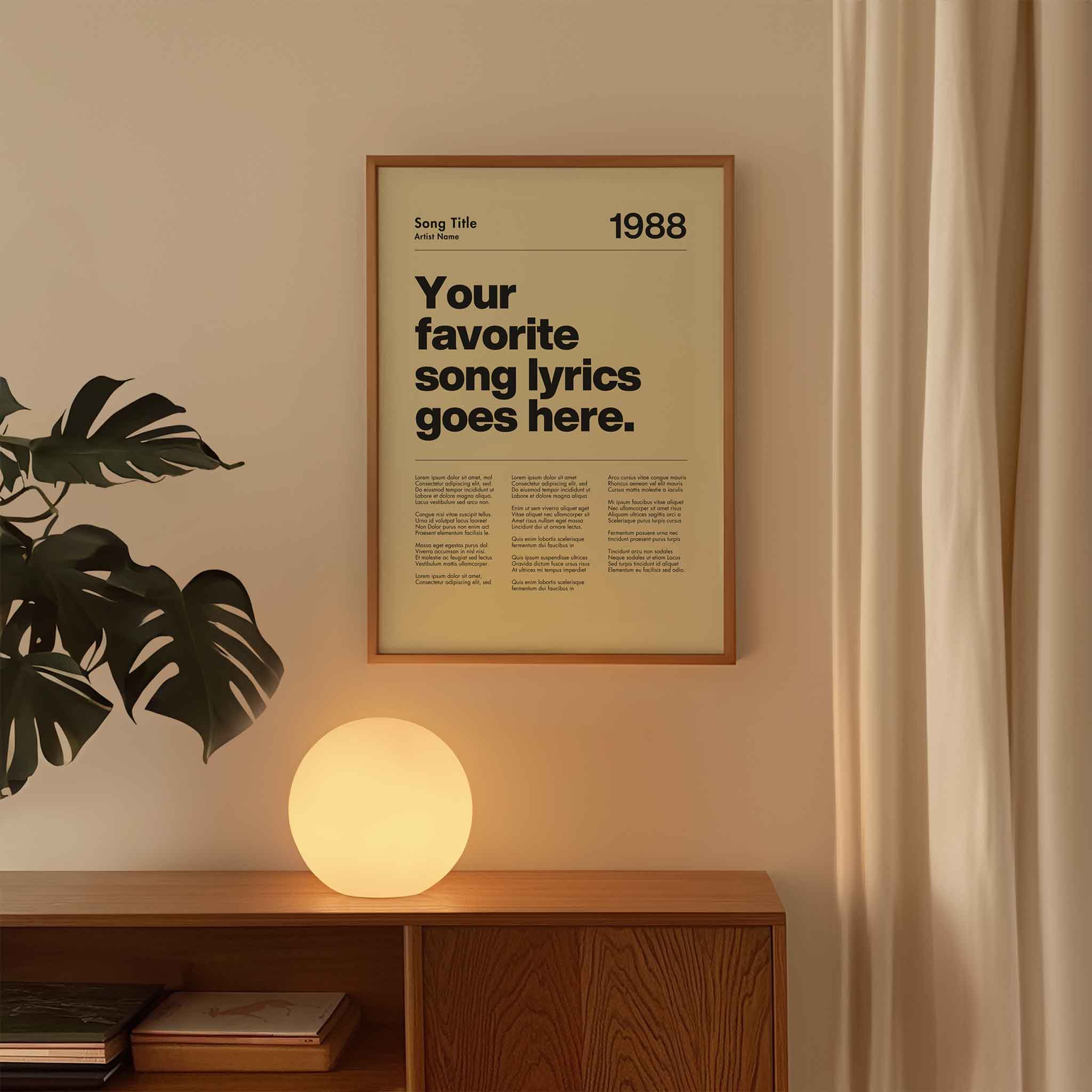 a poster hanging on a wall next to a plant