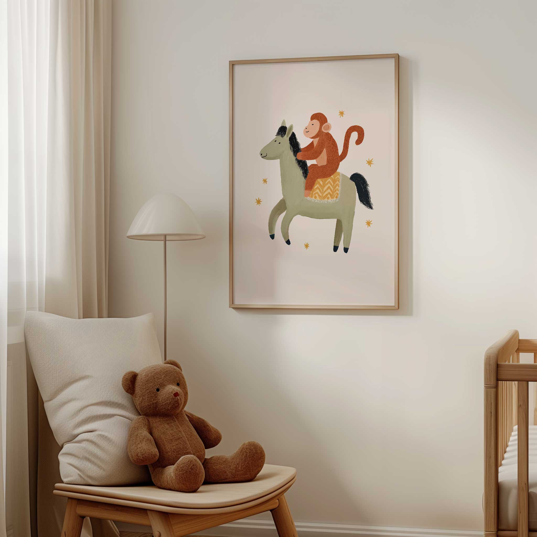 Joyful Midnight Ride Monkey and Horse, adventurous aesthetic print for imaginative kids room