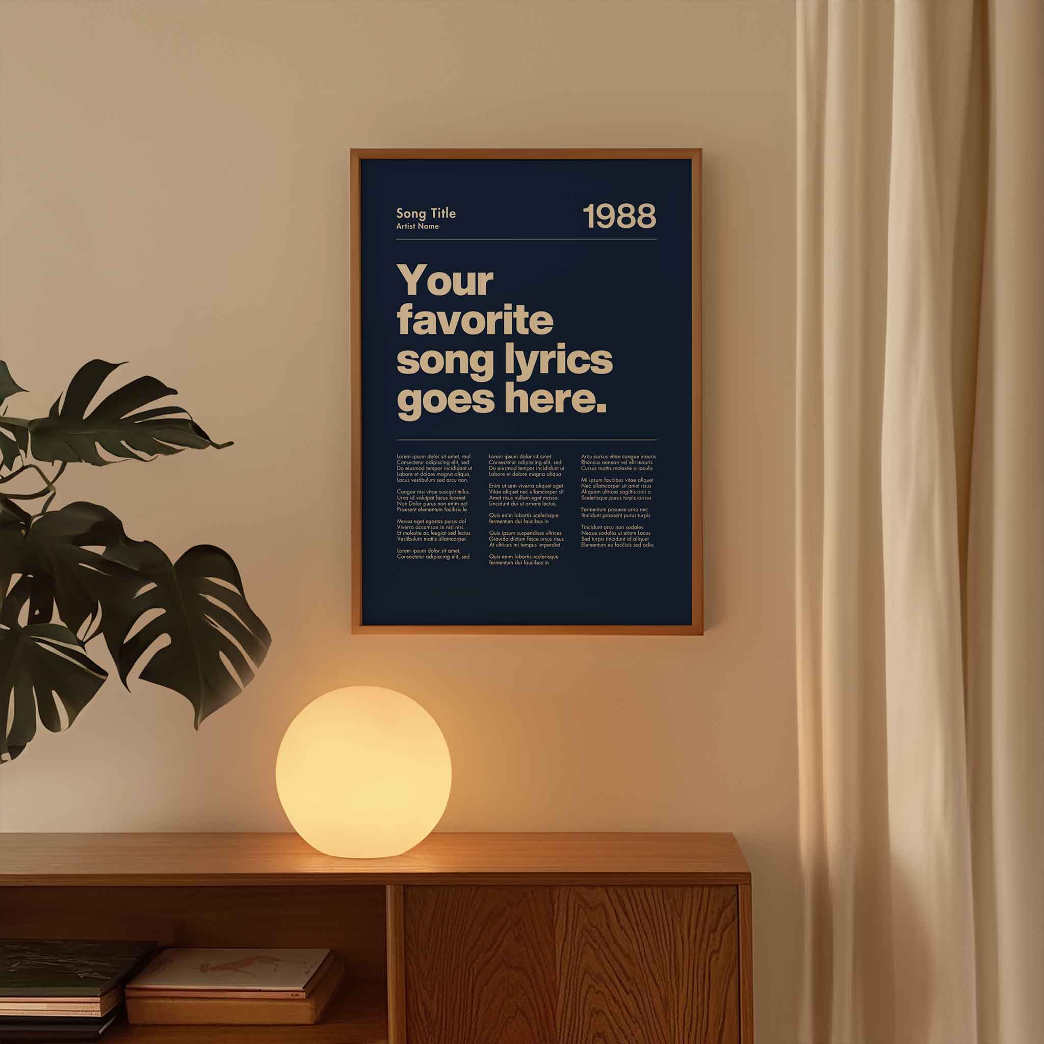 a poster hanging on a wall next to a plant