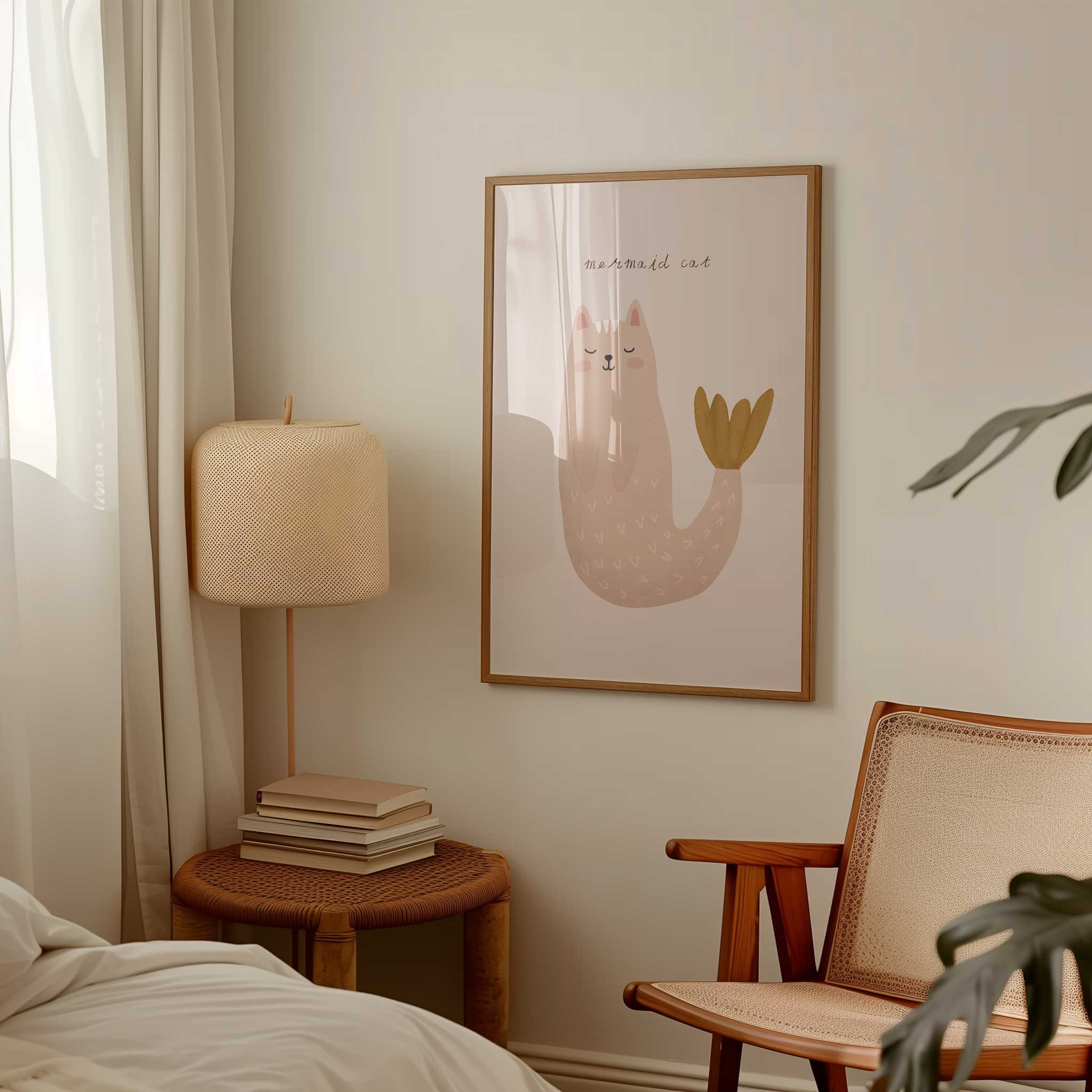 Pastel Mermaid Cat art print, whimsical modern wall art for dreamy kids sea theme