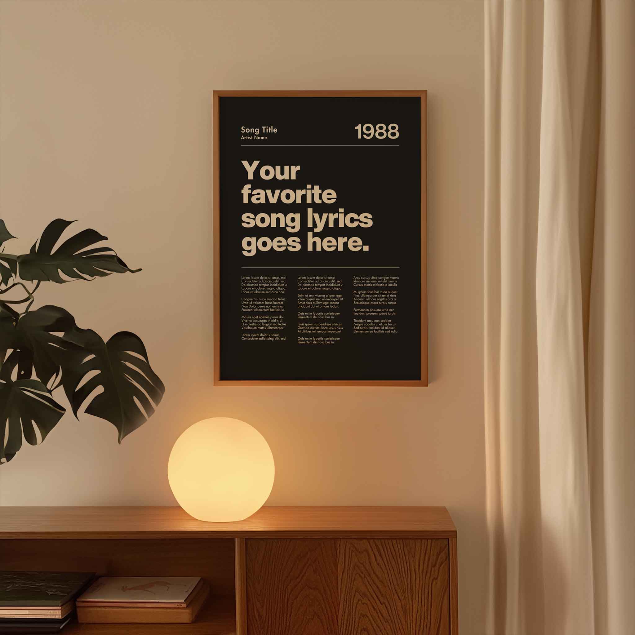 a poster on a wall next to a plant