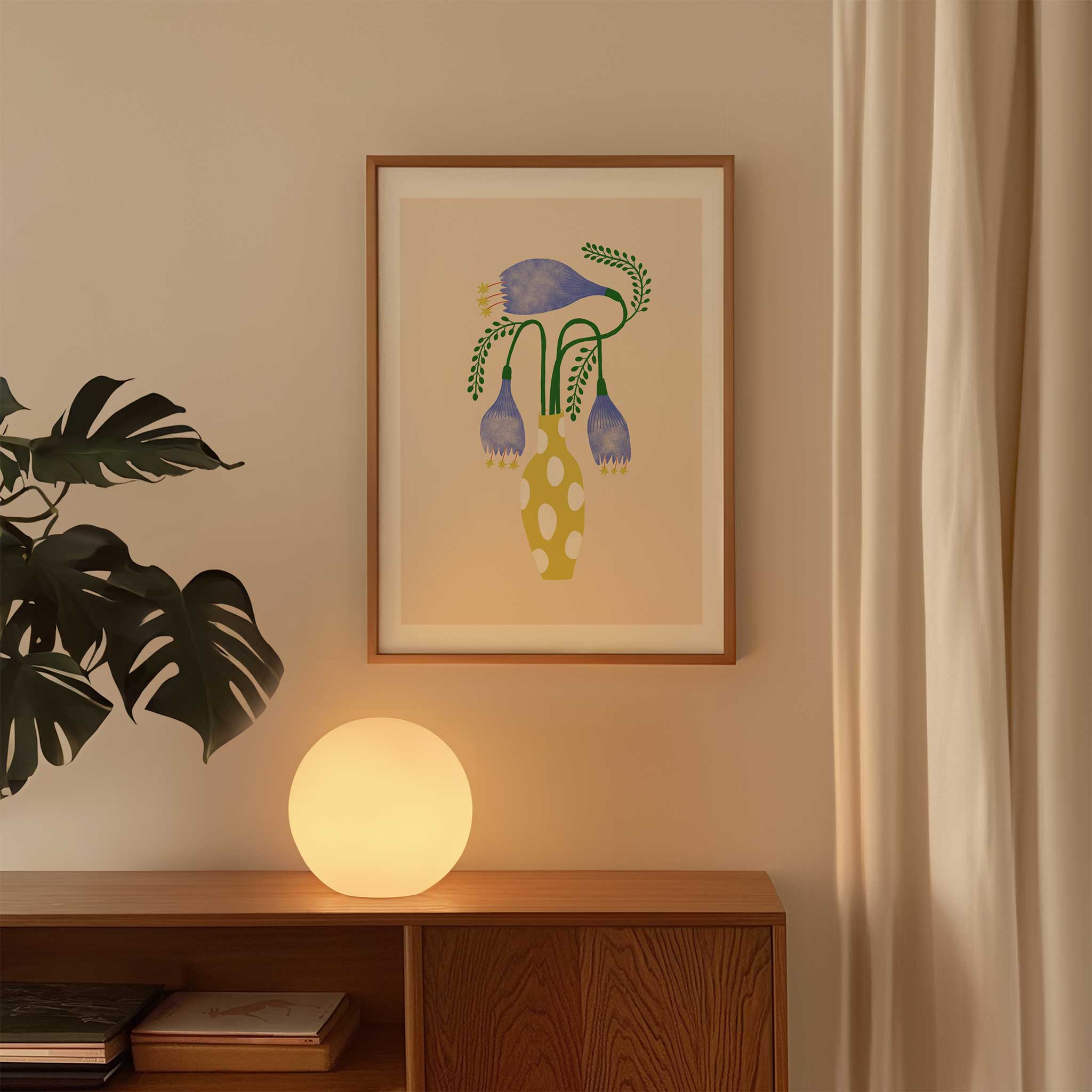 Floral 'Spotted Vase Blooms' in spotted vase, unique minimalist wall art with an artistic aesthetic, titled 'Spotted Vase Blooms'