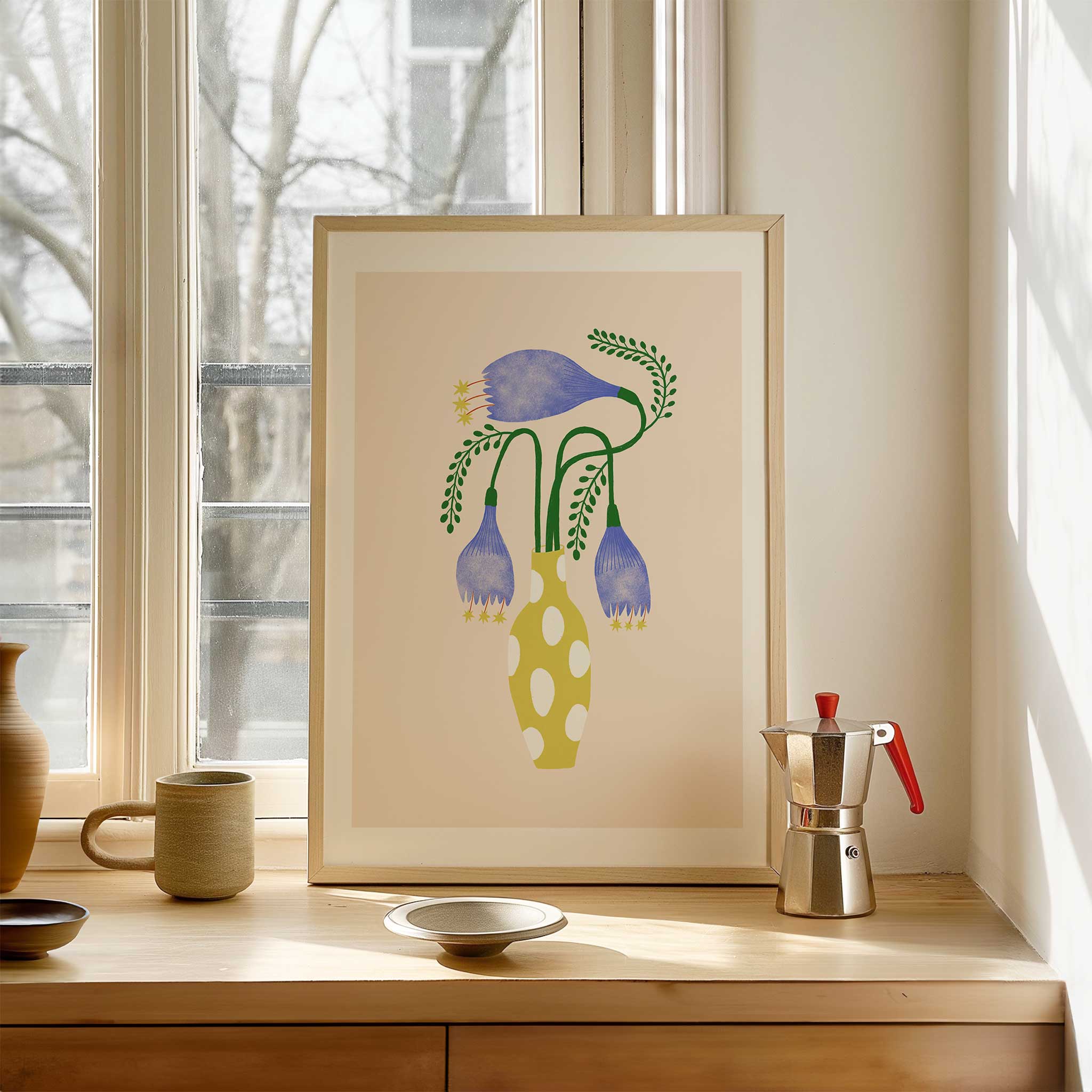 Floral 'Spotted Vase Blooms' in spotted vase, unique minimalist wall art with an artistic aesthetic, titled 'Spotted Vase Blooms'